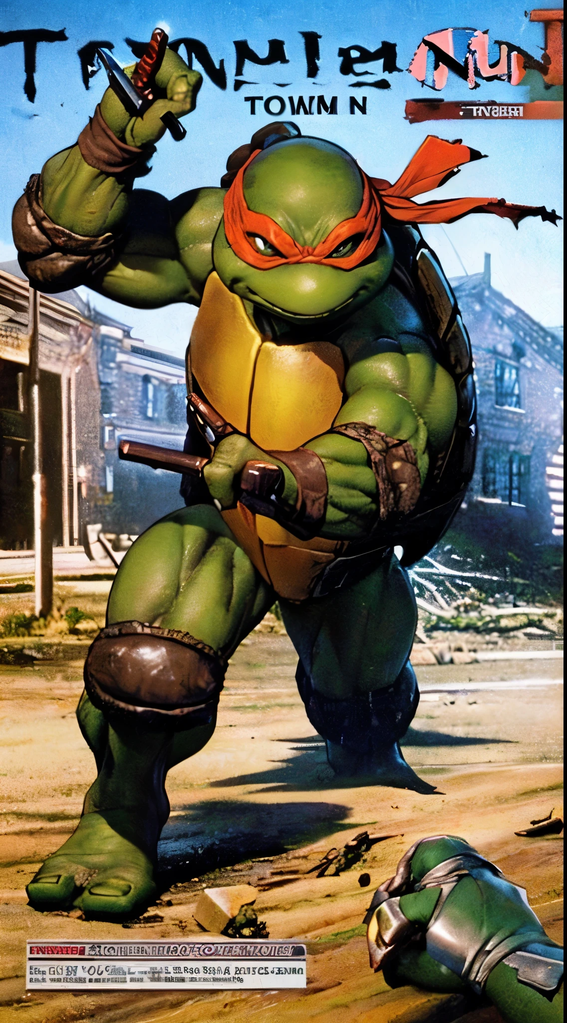masterpiece, (1woman:2), extremely detailed female character, full body shot, best quality, (female, femine, best, :1.5), (small, cute face, tiny:1.5), (TMNTRaphael, teenage mutant ninja turtle, red bandana, mask with eye-holes, holding sai dagger weapons:1.5), (tenage mutant ninja turtles:1.5), (magazine title, text), (magazine:1.3), modern era, 90s anime style, (destroyed town background, action pose:1.5),enemies around, (nsfw)