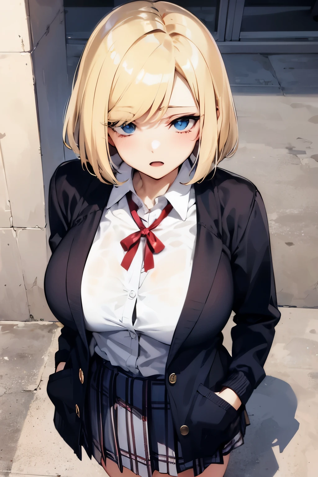 (looking at viewer, blush, open mouth:1.2),
solo,Portrait,gal,1Girl,jitome, blue eyes,hair over one eye,large breasts,brown skin
BREAK, gold hair, straight bob cut,
BREAK,School Uniforms, dark grey short pleated skirt,BREAK,sleeves past wrists black baggy cardigan,BREAK,inner wear is white collared-shirt, BREAK,It's loose red small ribbon,