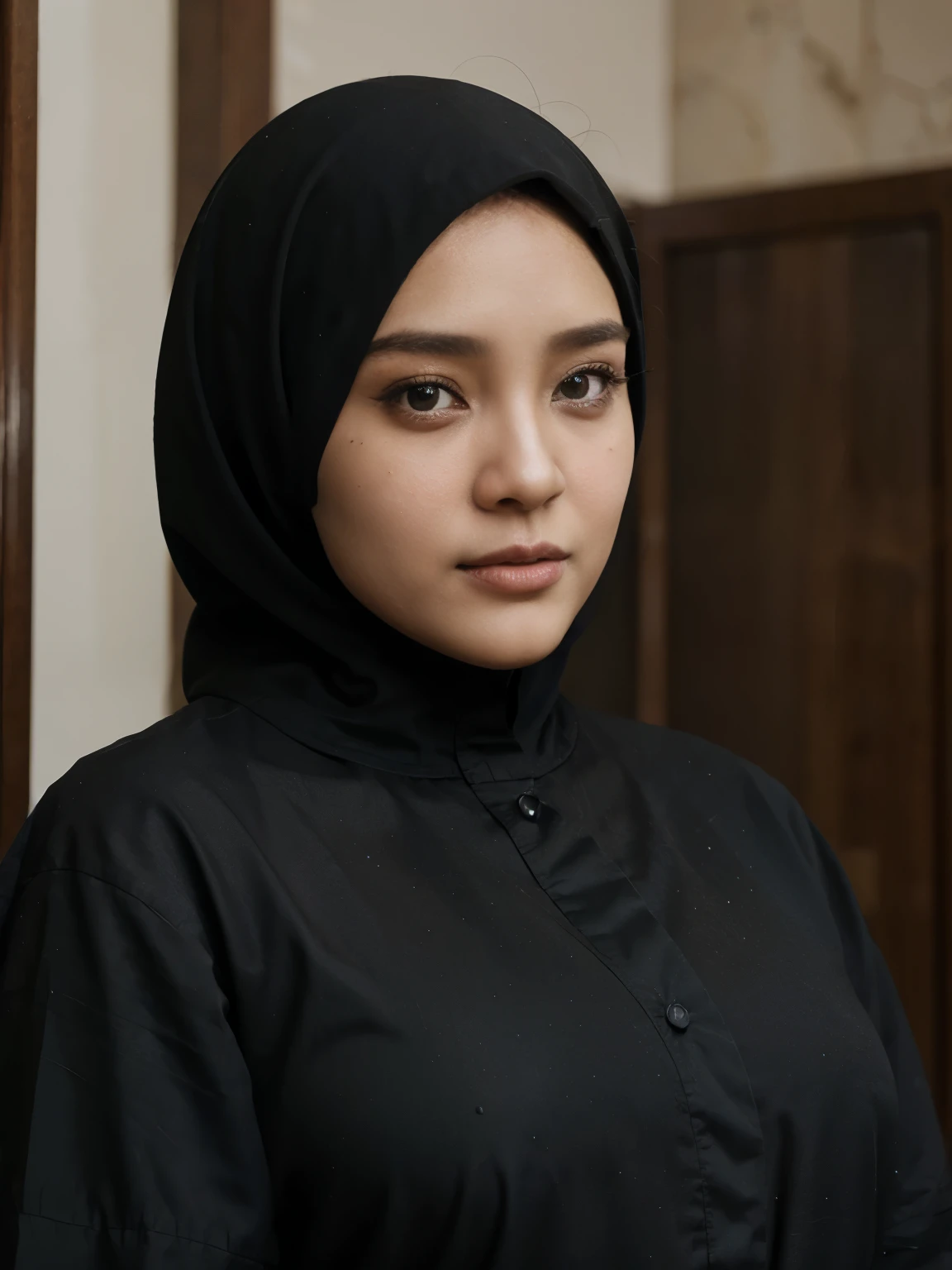 Beautiful Indonesian woman, 35 years old, slightly chubby, wearing black hijab and abaya, half body close up photo, photo model style, realistic photo, indoor professional photography