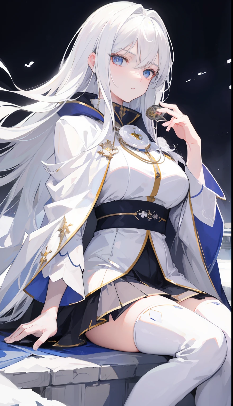 white hair,mature women,snow,night city,((best quality)), ((masterpiece)), perfect face,silver long hair,white cloak,White knee-length boots,(Highest quality),(works of masters),(8k wallpaper),(lens flare),(Poker face:1.2),(indifferent:1.2),silent,(Beautiful and delicate face:1.3)