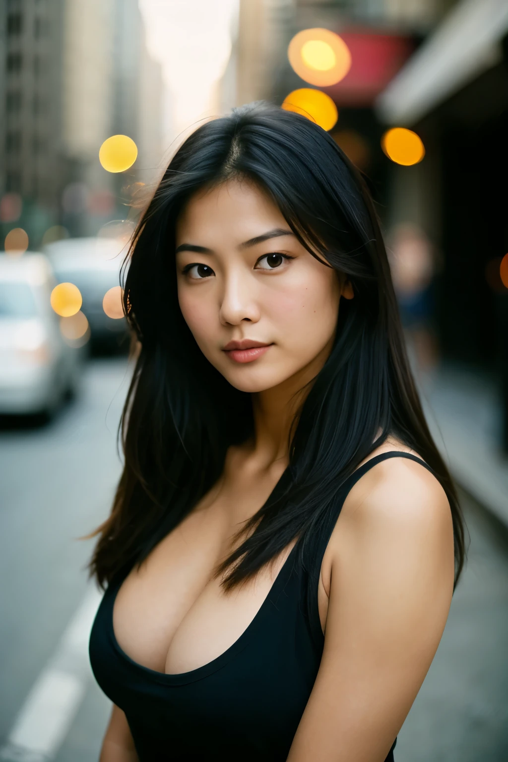 photo of an Asian girl who looks a lot like actress Kelly Hu (sympathetic expression on his face) 25 years, medium build with large breasts, Ultra textured leather, face looking straight into the camera, Brunette, hair half up and half down, in a black miniature tank top with skinny jeans, on the street of a large city, Perfect eyes ((good lighting:1.4)), Velvia 100 color, shot on CineStill 800T, sharp focus on the subject, photographed by Manuela Marquez