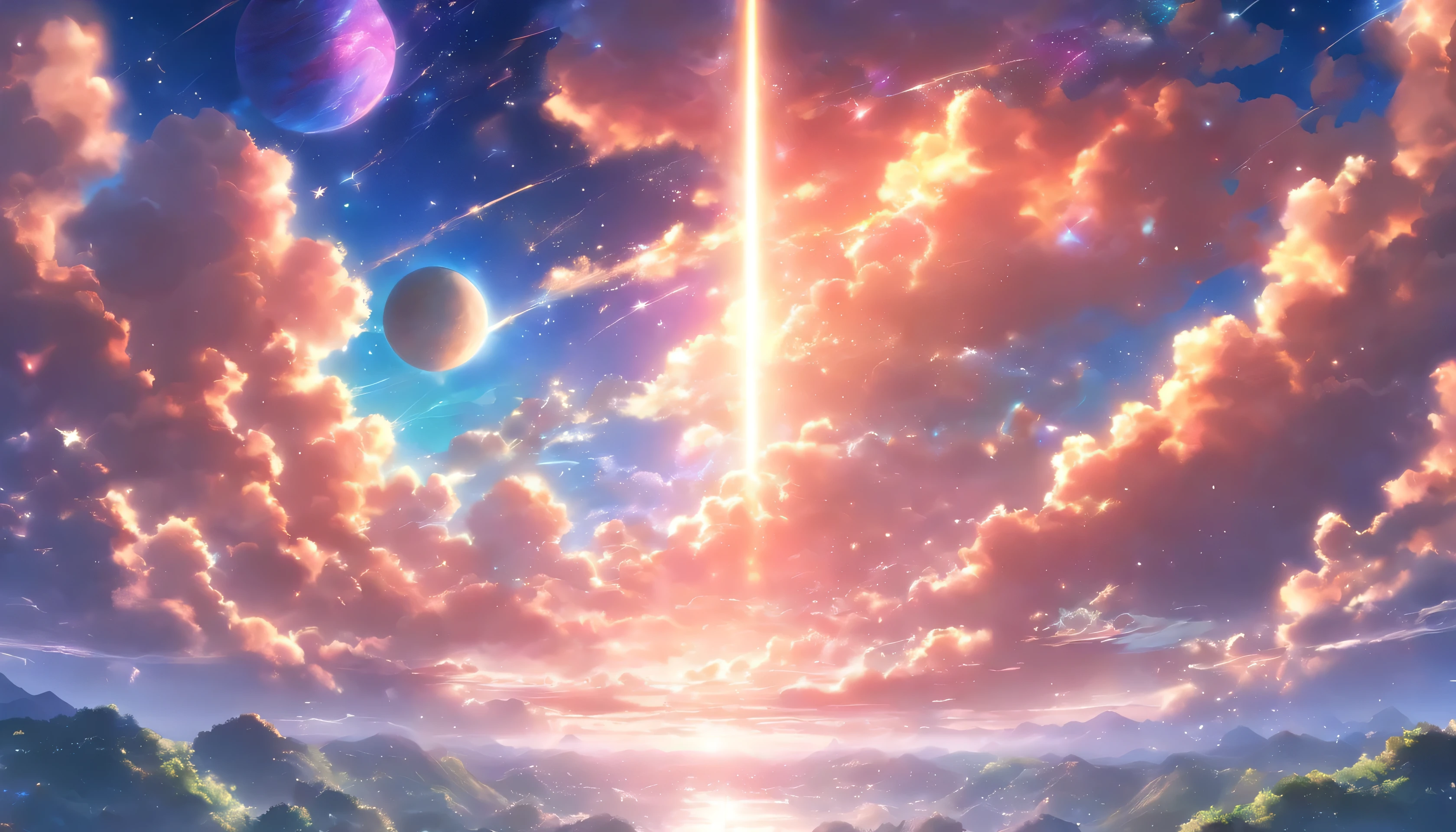 anime - style scene of a beautiful sky with a star and a planet, cosmic skies. by makoto shinkai, anime art wallpaper 4k, anime art wallpaper 4 k, anime art wallpaper 8 k, anime wallpaper 4k, anime wallpaper 4 k, 4k anime wallpaper, anime sky, amazing wallpaper, anime background, heaven planet in background, anime background art