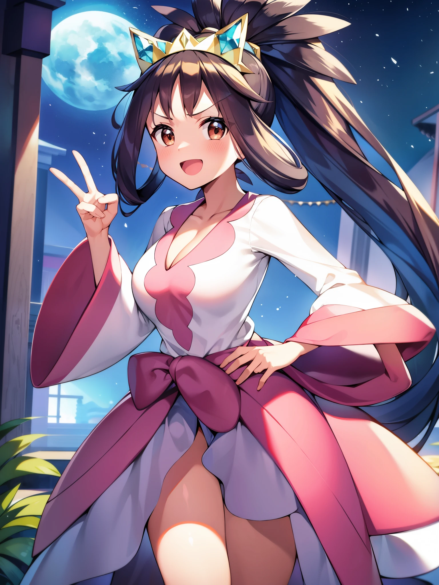 masterpiece、highest quality、high resolution、Super detailed、Pokémon、big tits milf、big tits milf、big tits milf、iris、Chattering、tiara、brown eyes、Very Longhair、ponytail、hair ring、bangs、brown skin、plumage、dress、ピンクのdress、shirt、long sleeve、wide sleeve、Waist Ribbon、pink skirt、sandals、indoor、Are standing、:d、cowboy shot、peace sign、
