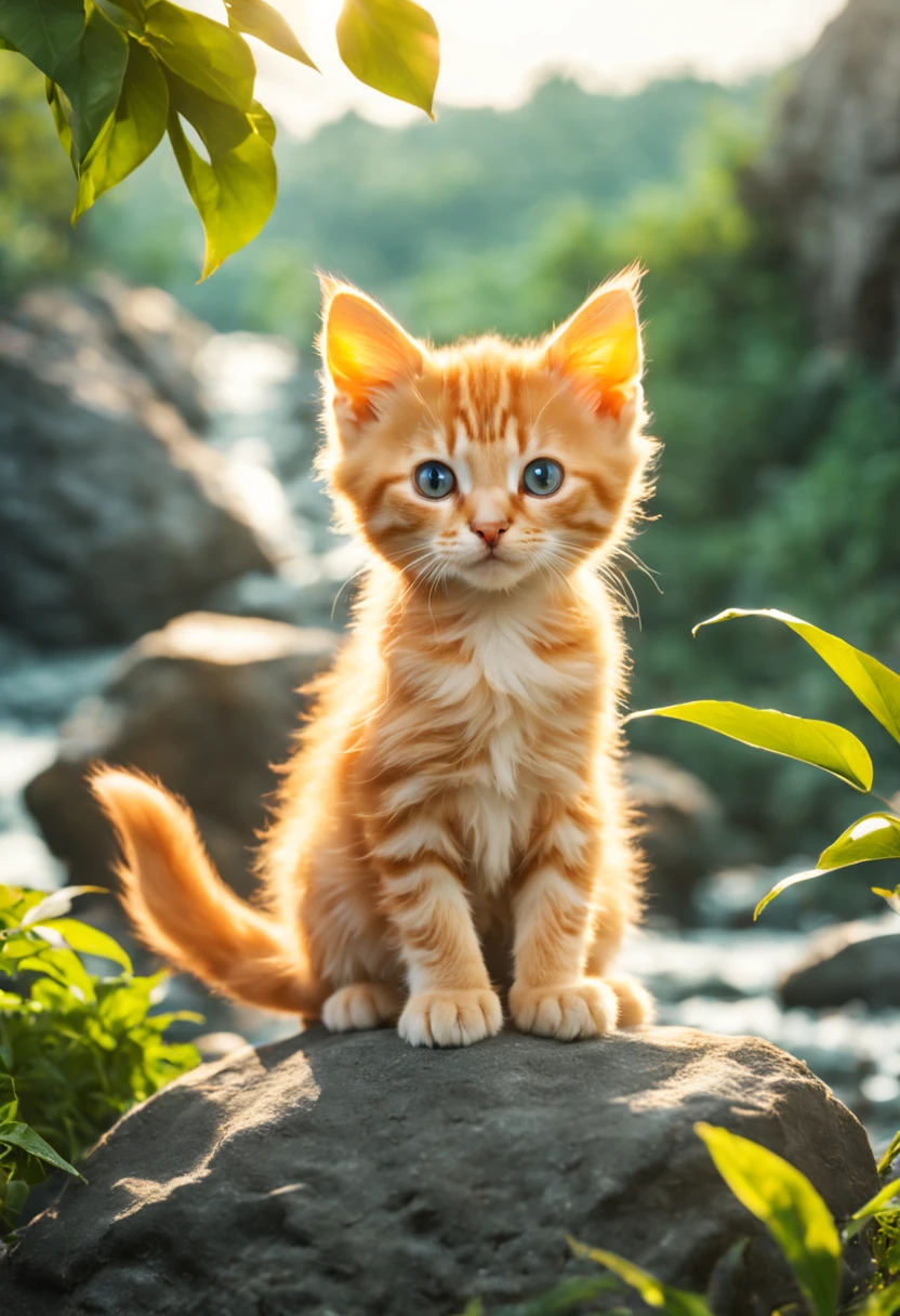 A orange kitten is sitting on a rock near the river.lots of greenery, bright lighting, lots of details, hyperdetalization, stylization, 16k, poster