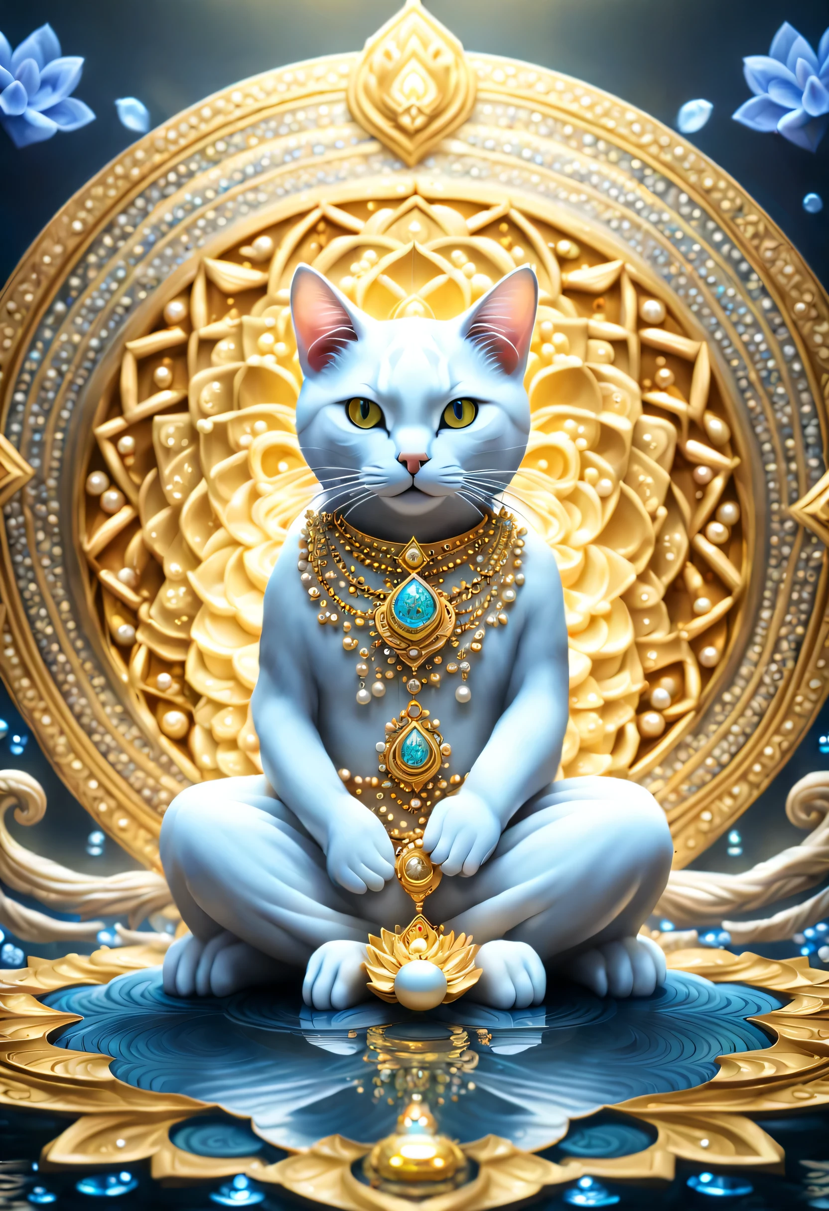 masterpiece, highest quality, very detailed, 8K, fractal art, beckoning cat,gold decoration, diamond, pearl, Wait., one big lotus flower, Zazen, meditation, divinity, summer, dripping, linden, Nirvana, My shirt is watery, mandala pattern, reincarnation, Complex and luxurious backgrounds,