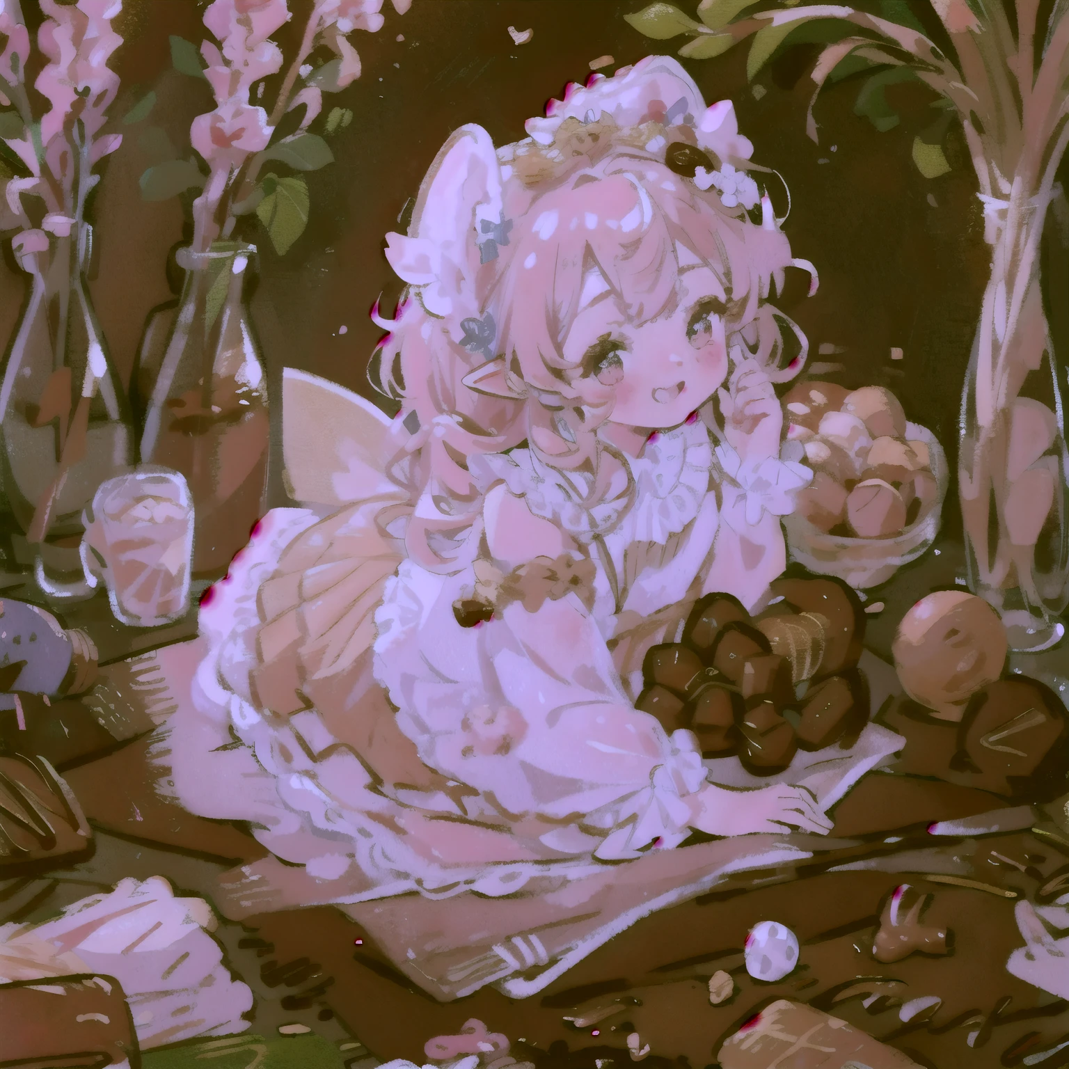 best quality,insanely detailed,beautiful,exquisite,16K,Full-HD,absurdres,((white background)),golden ratio,((((妖精がchocolateを作っている:1.2)))),front,chocolate,smile,happiness,make your cheeks red,Big eyes,chocolateイメージした大きくて美しいドレス,Wooden kitchen,Intricate billowing ball gown with ruffles, lace and rhinestones,Heart mark dancing, ((Huge fairy wings grow out of her back.)),gradient hair, golden hair, hair in the wind, wavy hair,fluffy hair,tiara,earrings,long eyelashes, light pink blush,pointed ears, golden hour,fantasy-inspired, dazzling light, warm lighting,