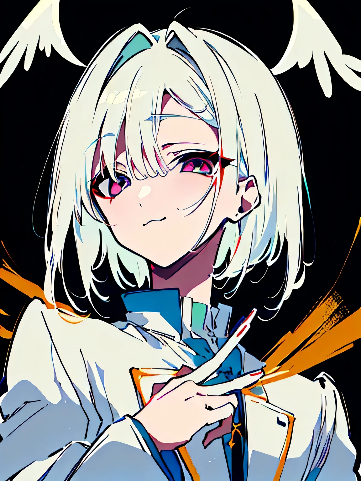 one person，beautiful, Anime character with cross on forehead and white hair, White-haired God, ahegao, Starting from the night of the ark, Holy Aura, [[[[地giggle]]]], ethereal, 2D anime style, Off-white eyes，White gloves，white wings，short hair，白色suit，Lace lining，giggle，Face it positively，look up，looking at camera，raise your hand，白色的suit外套，bad guy，raised eyebrows，murderer，devil，horror film，dark，，look up，bloody，face shot，精致beautiful眼睛，suit，，白色suit，long eyelashes，Handsome boy，Wipe face with hands，look down，fierce eyes，face close-up，The camera looks up from the chest，bust，There are white wings on the ears，male，Face it positively