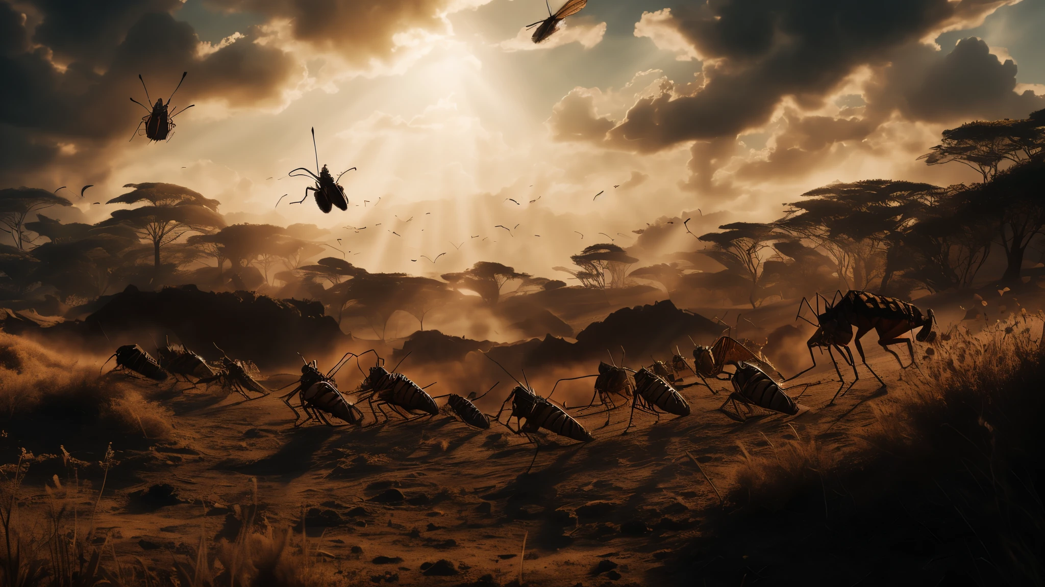 swarm of grasshoppers emerging from a dark smoking crater, these grasshoppers wear breastplates like iron armor, the heads of the grasshoppers are decorated with golden crowns, these grasshoppers have human faces, these grasshoppers have long hair, these grasshoppers have long and strong teeth, thes grasshoppers have powerful wings, these grasshoppers have scorpion tails, twilight atmosphere, Surrealism, high detail, anime, Gothic art, Expressionism, Realism, cinematic lighting, god rays, film grain, blurry foreground, vanishing point, from side, atmospheric perspective, panorama, masterpiece, textured skin, super detail, 8k, high quality