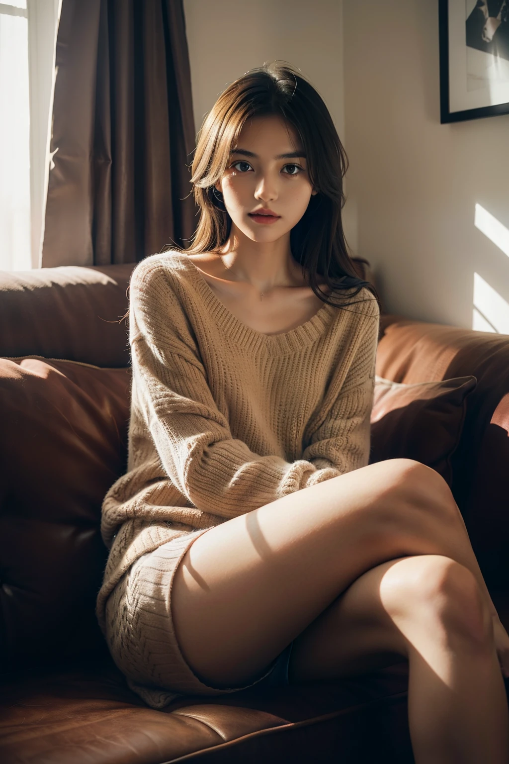 1 girl,sitting on a cozy sofa,cross your legs,soft light
