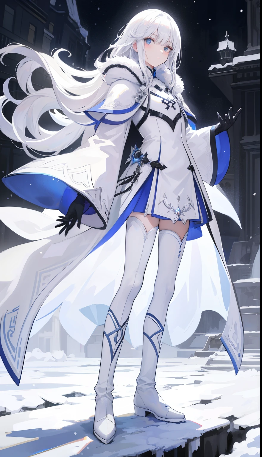 white hair,adult,snow,night city,((best quality)), ((masterpiece)), (detailed), perfect face,silver long hair,white cloak，white boots