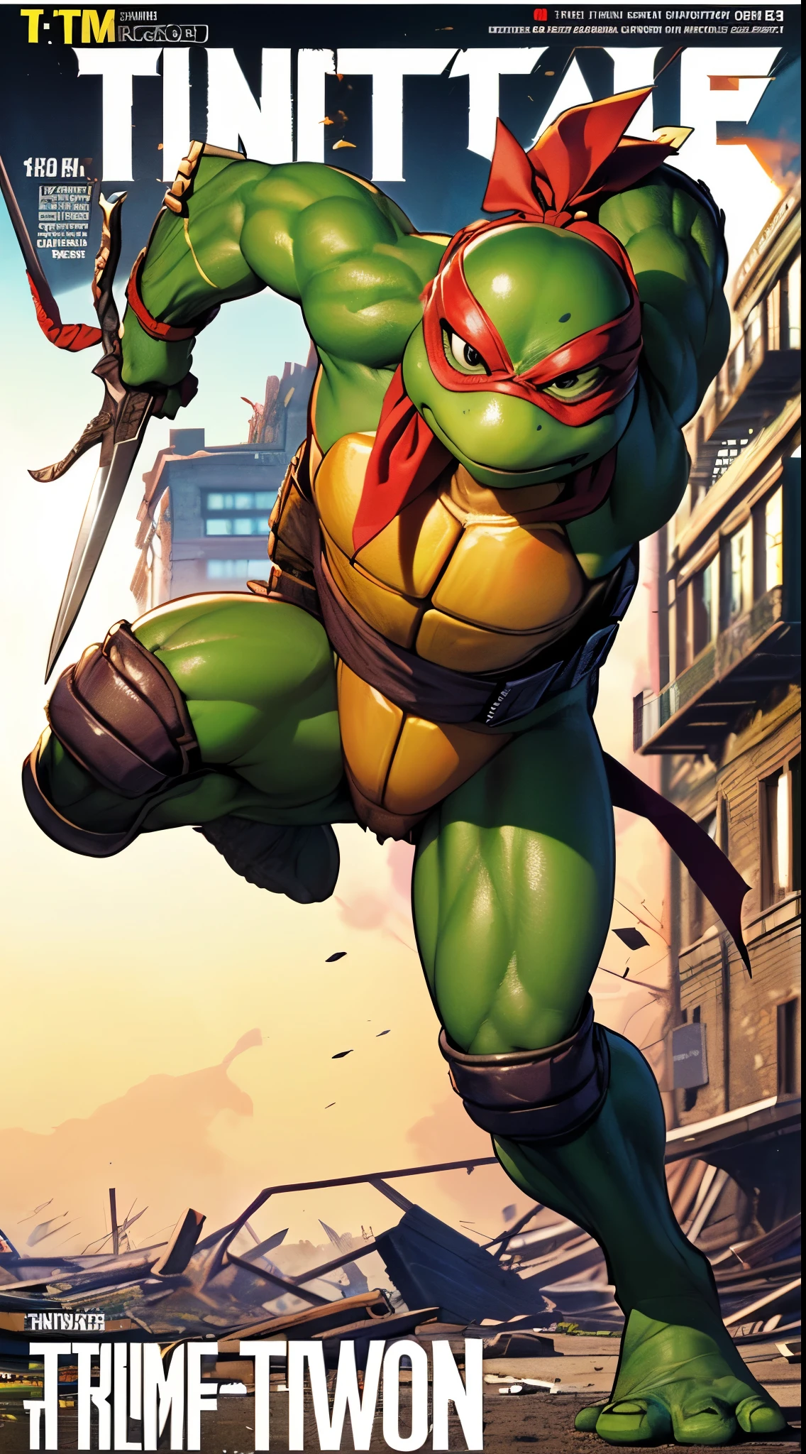 masterpiece, (1woman:2), extremely detailed female character, full body shot, best quality, (female, femine, , :1.5), (small, cute face, tiny:1.5), (TMNTRaphael, age mutant ninja turtle, red bandana, mask with eye-holes, holding sai dagger weapons:1.5), (tenage mutant ninja turtles:1.5), (magazine title, text), (magazine:1.3), modern era, 90s anime style, (destroyed town background, action pose:1.5),enemies around, (nsfw)
