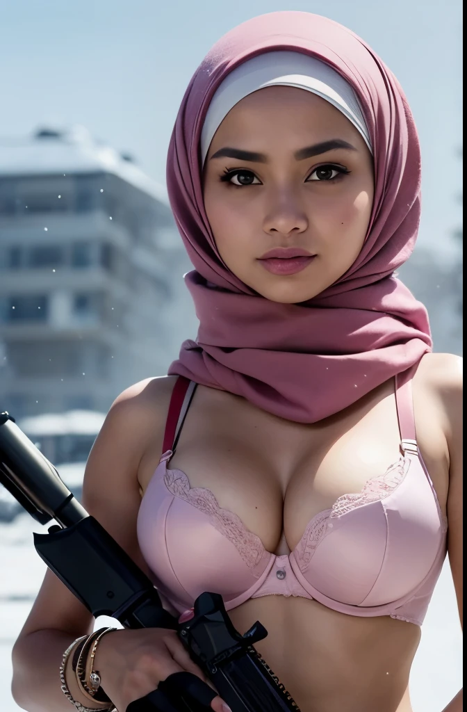 RAW, Best quality, high resolution, Masterpiece: 1.3), Beautiful Malay woman in hijab, Masterpiece, Perfect body, Big breasts, Beautiful big eyes, watery eyes, Soft smile, ((wearing pink bra)), ((best quality)), ( masterpiece), photorealistic, photorealism, 1 malay girl, hijap and aiming with big an ak-47 assault rifle, Photorealistic, high resolution, Snow background, looking at the camera, (Detailed face), SWAT vest, Weapons, jewelry, black gloves , sunglasses on Head, Fingers clogged