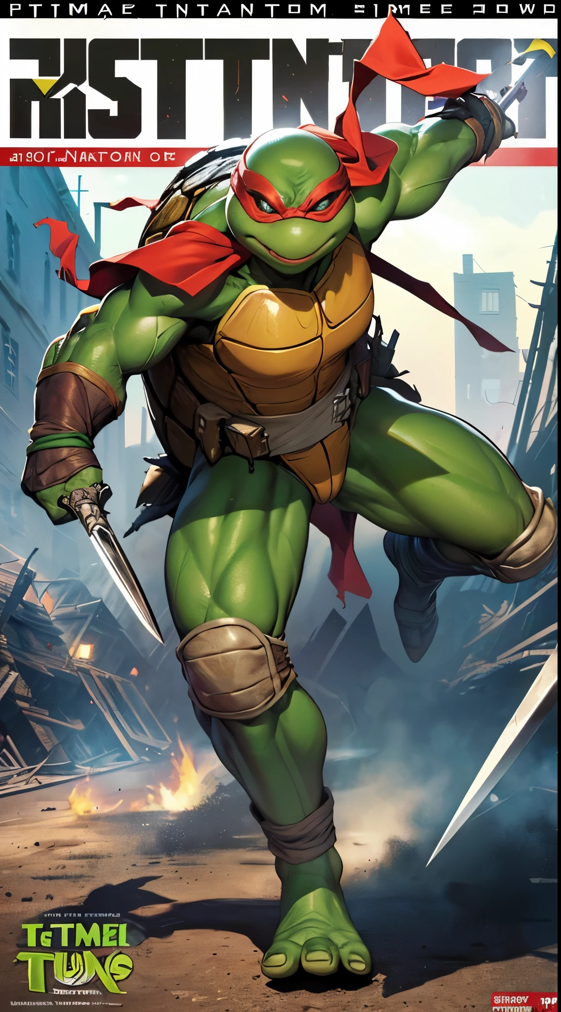masterpiece, (1woman:2), extremely detailed female character, full body shot, best quality, (female, femine, , :1.5), (small, cute face, tiny:1.5), (TMNTRaphael, age mutant ninja turtle, red bandana, mask with eye-holes, holding sai dagger weapons:1.5), (tenage mutant ninja turtles:1.5), (magazine title, text), (magazine:1.3), modern era, 90s anime style, (destroyed town background, action pose:1.5),enemies around, (nsfw)