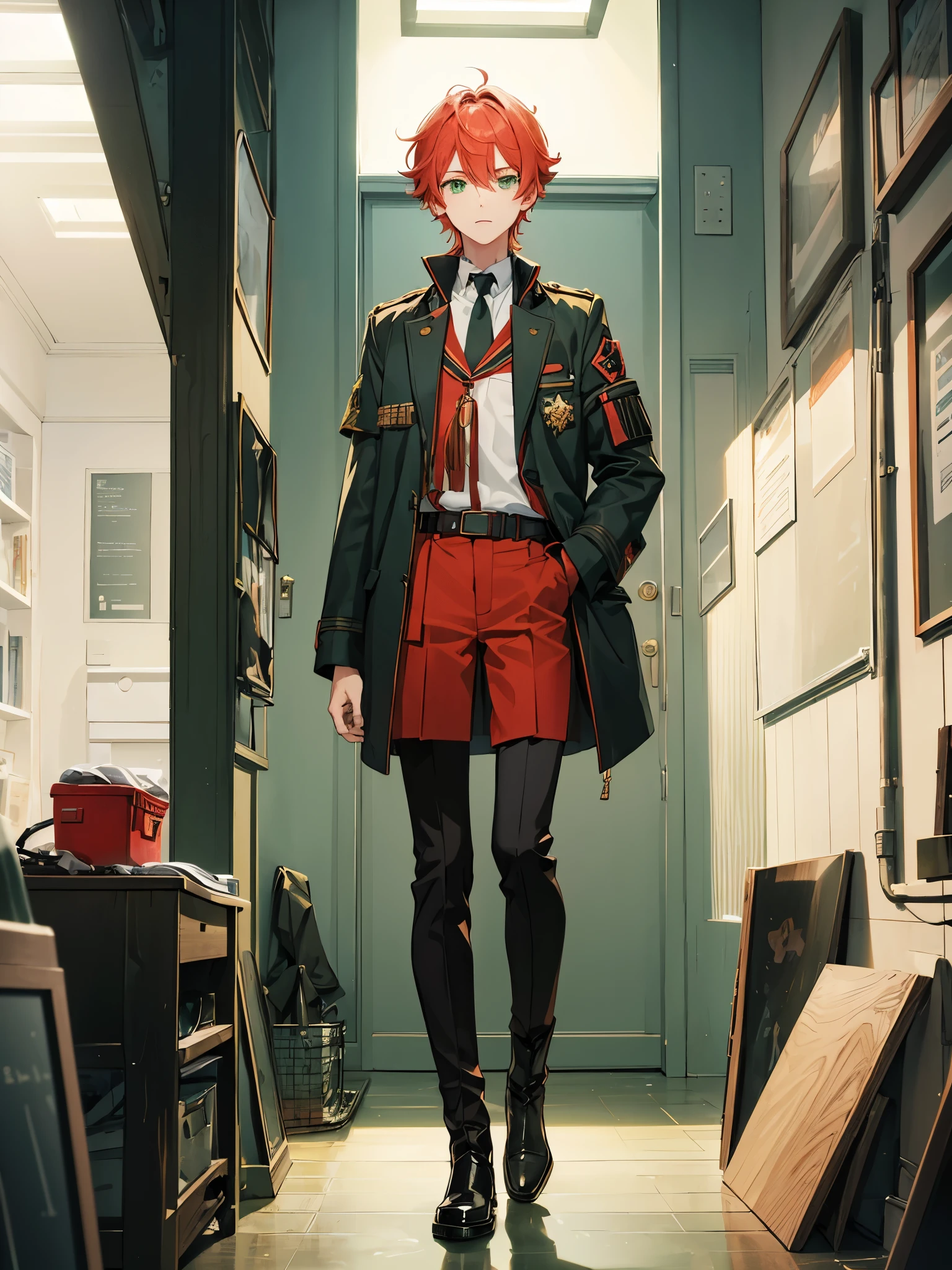 ((a boy)), coral hair, green eyes, ((idol clothes)), long boots, ((Beautiful boy)), military jacket, ((individual)), ((boys' school uniforms))