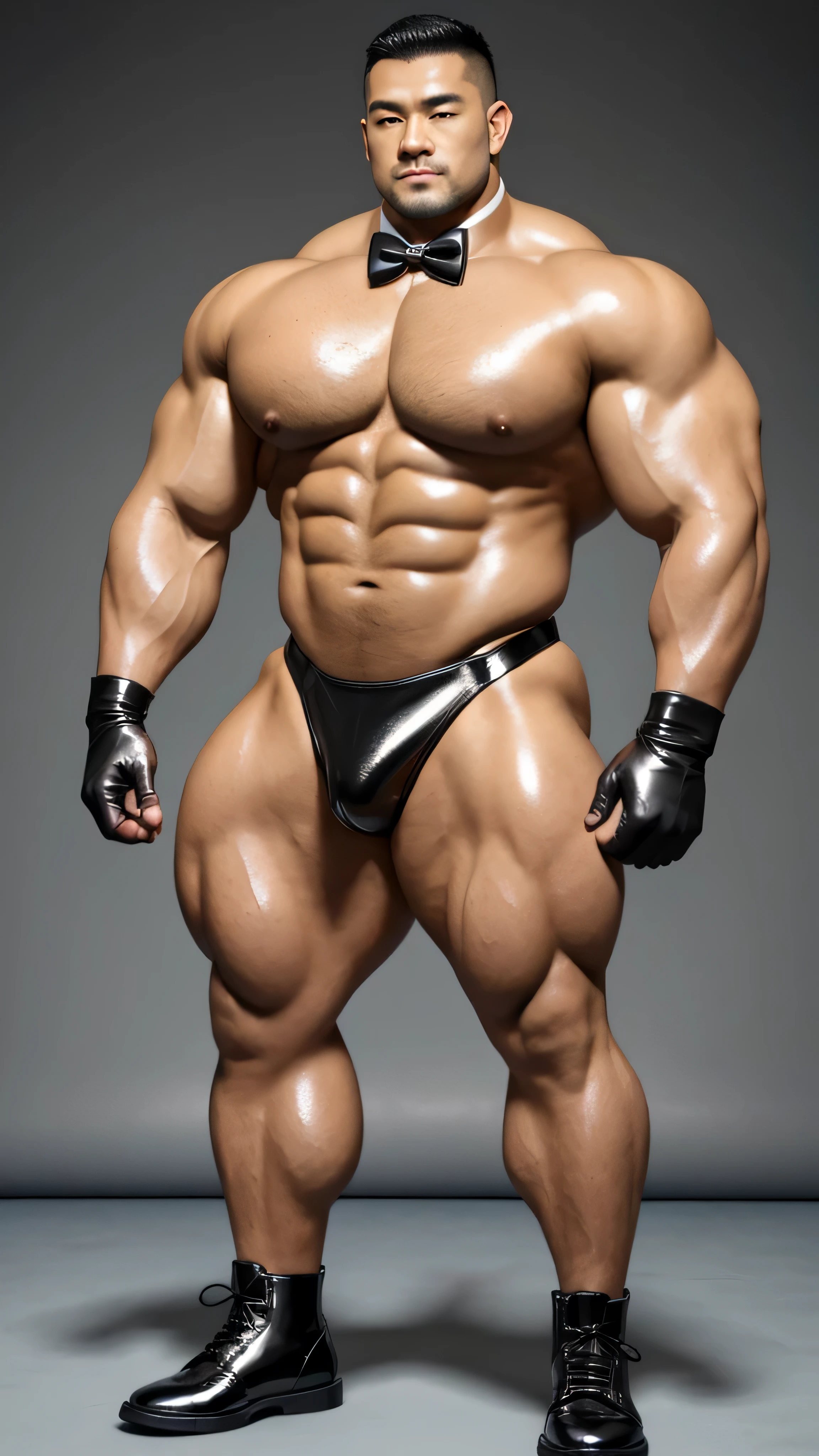 There is only one person in the picture，a chinese bodybuilder，25 years old，High, Strong and handsome，standing in front of gray background board，Paired with glossy black leather bow tie，short hair, O-shaped beard，Perfect body, Dark and shiny complexion，Muscle bulge, muscular, Very big pecs，Very sexy abs，Leg muscles are very developed，High and burly，Huge bumpy area，Brighten oily skin，Black leather shiny leather gloves, Wearing a gold leather shiny thong, Wear black leather shoes to shine，handsome face，detailed facial features, Correct and accurate male anatomy, full-body shot, Large pecs, Wet oil wax gloss for oily muscles and skin，Professional photography。