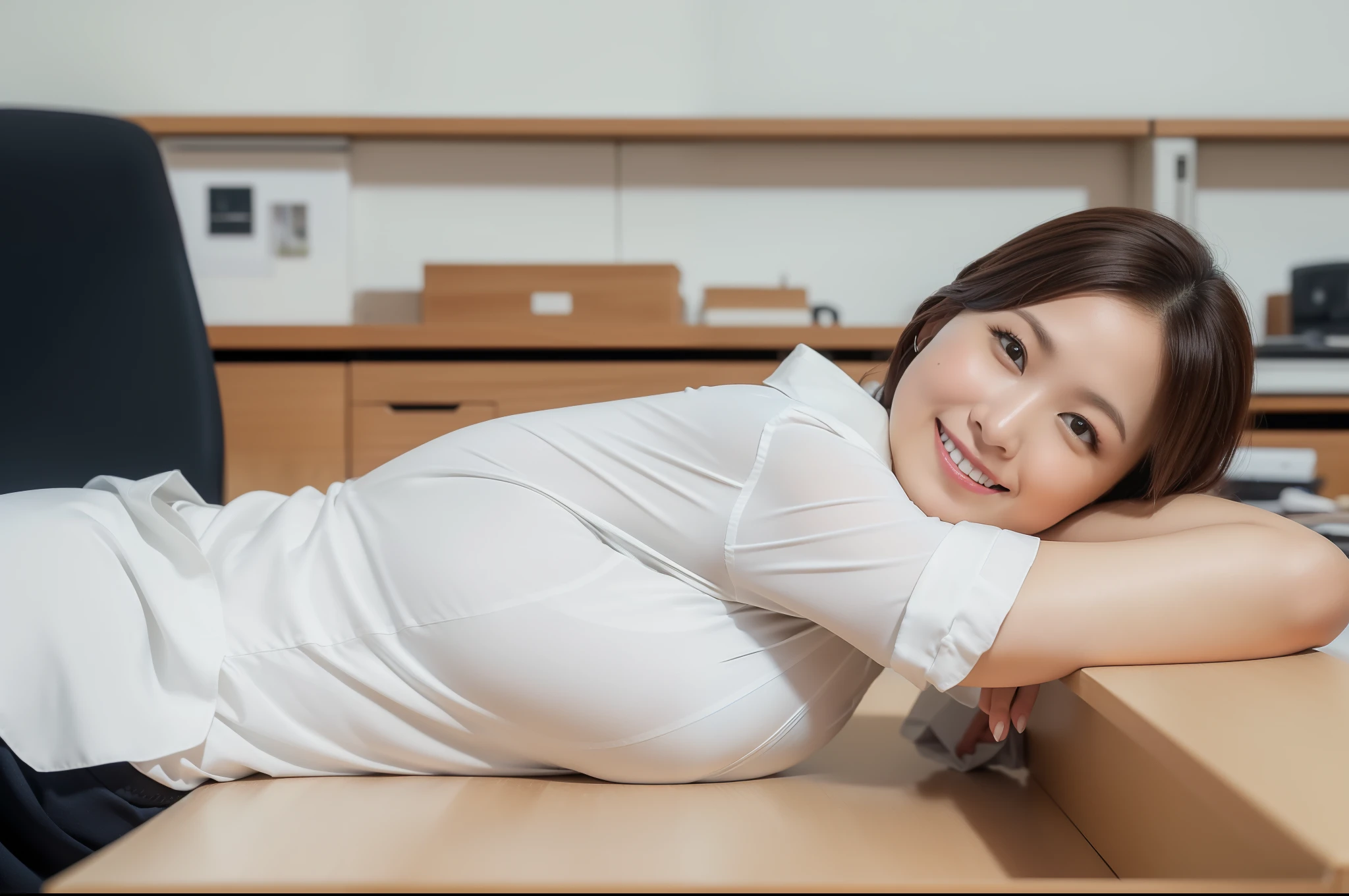 ((Best Quality, 8k, Masterpiecedetails, ultra-high resolution)), (looking at the viewer), (close up:0.5:), attractive business 1 milf laying down on office, desk, a bit chubby:0.25, white collared shirt, grey skirt, (laying down on office desks)), smile, office of CEO,