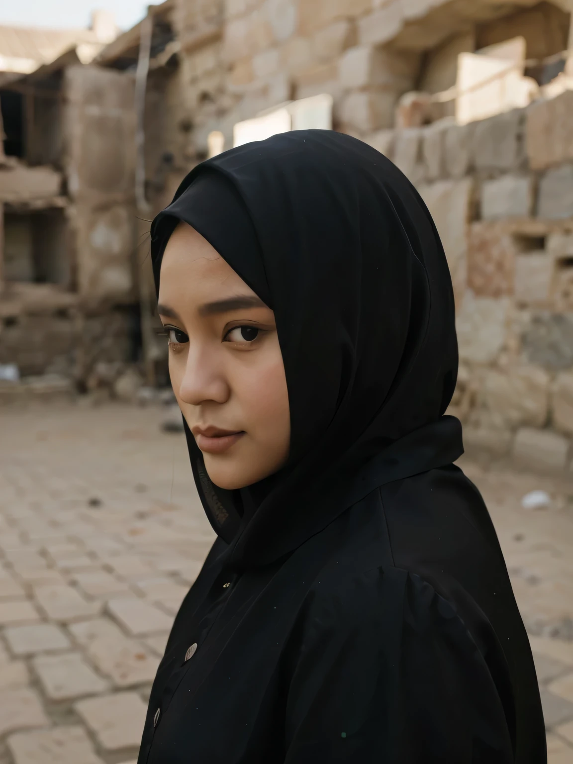 beautiful Indonesian woman,35 years old,slightly chubby,wearing fancy black hijab and abaya,portrait,realistic,photo model style,cappadocia background,bokeh