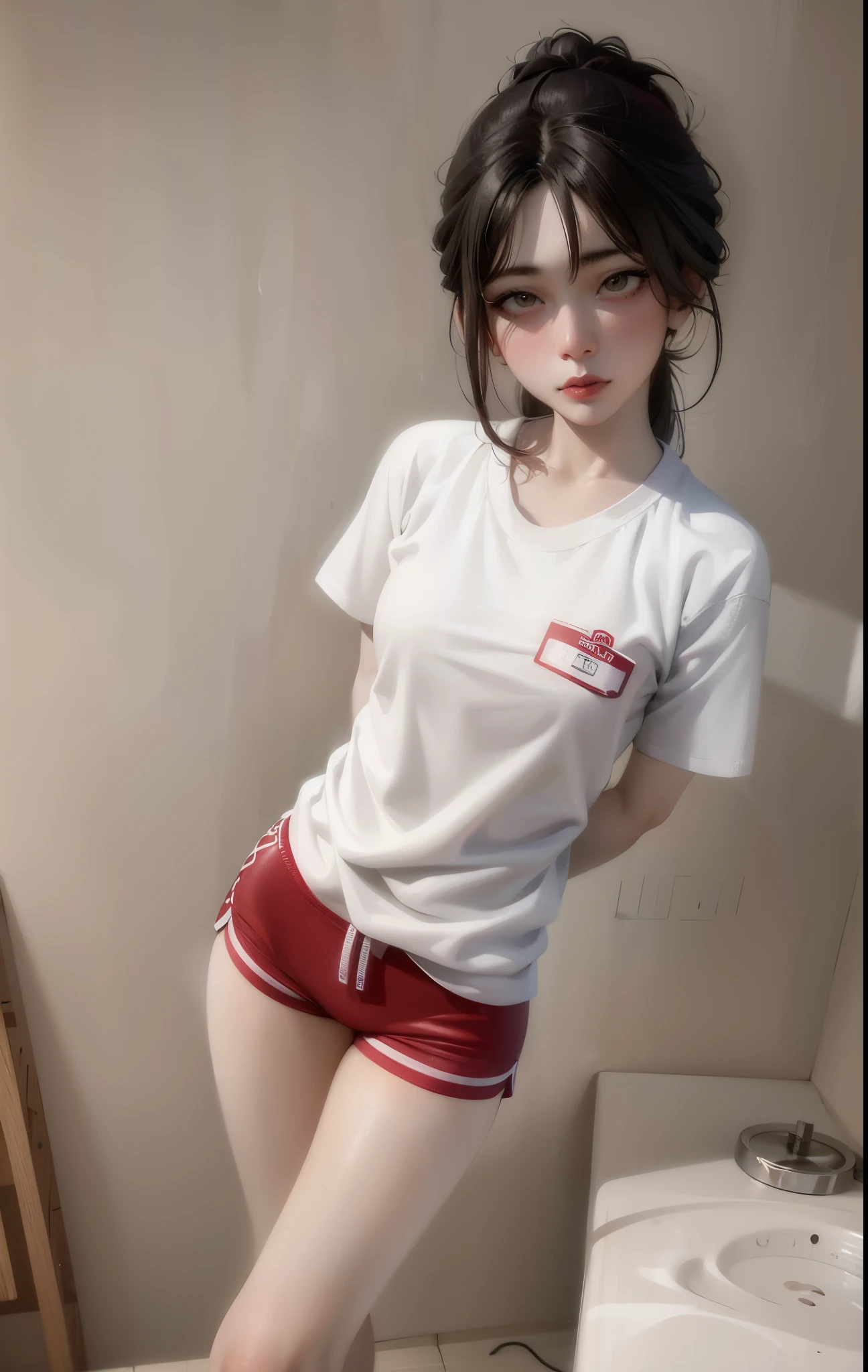 Araf Asian woman wearing white shirt and red shorts posing for photo, Sleek white skintight suit, white red, cute sportswear, short sleeves, maroon and white, pajamas, Black, red and white clothes, V-chest clothes, in shorts and t-shirt, sexy girl, 穿着白色pajamas, sexy girl wearing shorts, cute girl, sporty, female model，ahegao