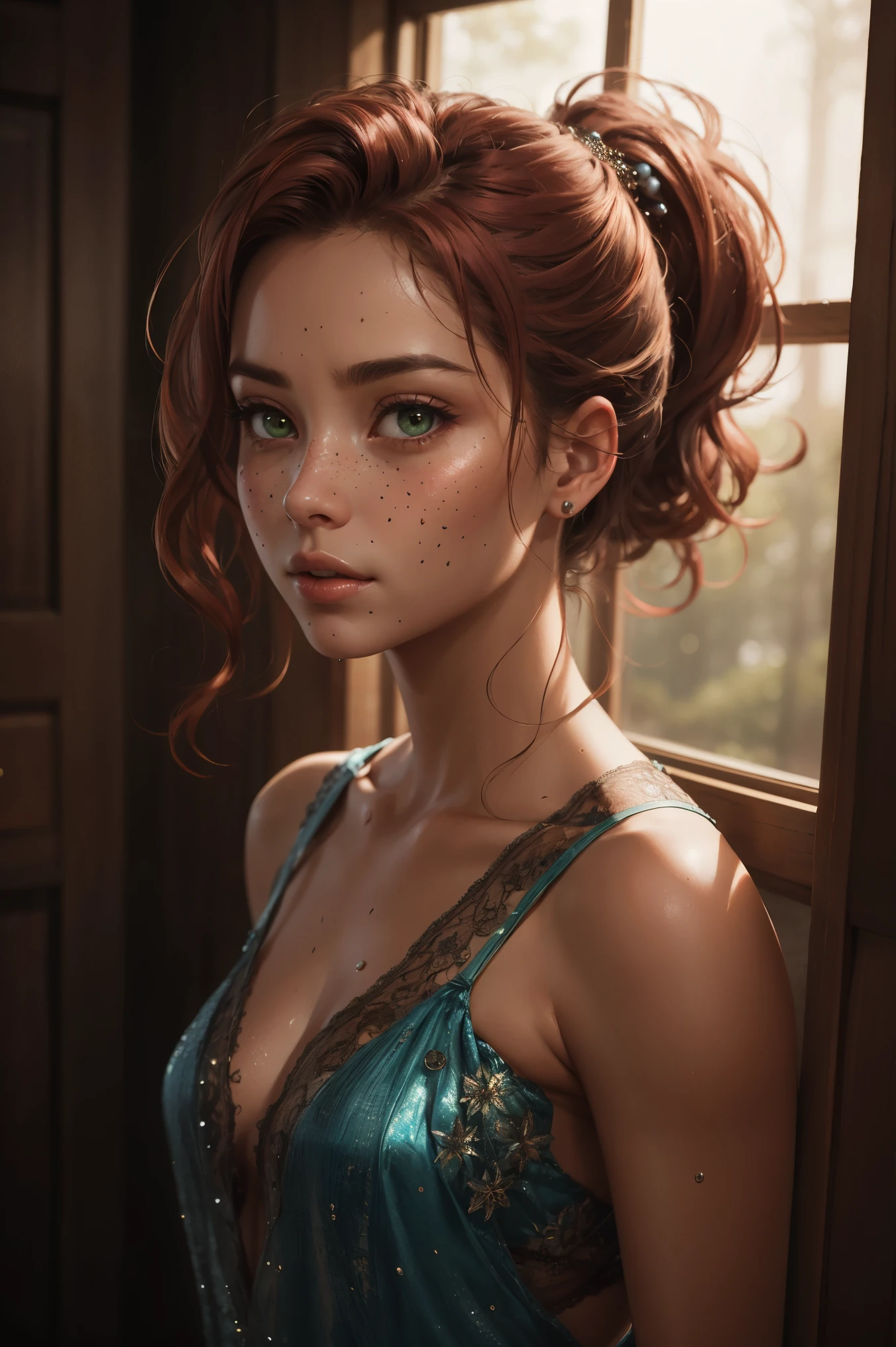 1 girl, woman,  detailed background, atmospheric, hair flowing in the wind, naked, red hair in ponytail, tan skin, oily skin, wet hair, freckles, green eyes, floating particles, backlightinasterpiece))), (((masterwork))), ((top quality)), ((best quality)), ((highest quality)), ((highest fidelity)), ((highest resolution)), ((highres)), ((highest detail)), ((highly detailed)), ((hyper-detailed)), (((detail enhancement))), ((deeply detailed)), awe inspiring, breathtaking, uhd, hdr, fhd, 8k, 16k, 32k, 64k, meticulous, intricate, intimate, nuanced, (((the most beautiful images in existence))), (((the most beautiful artwork in the world))), (RAW photo, film grain), caustics, subsurface scattering, reflections, photorealistic, 35mm, intricate details, hyperdetailed, natural skin texture, hyperrealism, sharp,