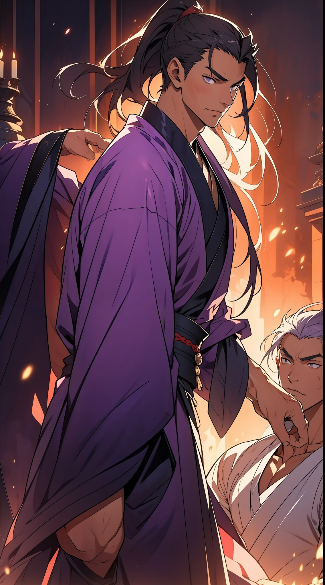 Two dimensions,anime style,one person(male warrior),proportions are correct,facial details,swordsman,high ponytail hairstyle,neck detail,Have an Adam's apple,Purple robe,joke,purple robes,clothing details,Handing over,long sleeves,Game quality,fencing,Ray tracing,Ray tracing,Detailed glow,CG rendering,hair details,long purple hair,purple eyes,Handsome,Handsome,(Youthful feeling),Clothing is complicated,Perfect composition,refine,high quality,higher details,many details,Complex background,a sense of atmosphere,