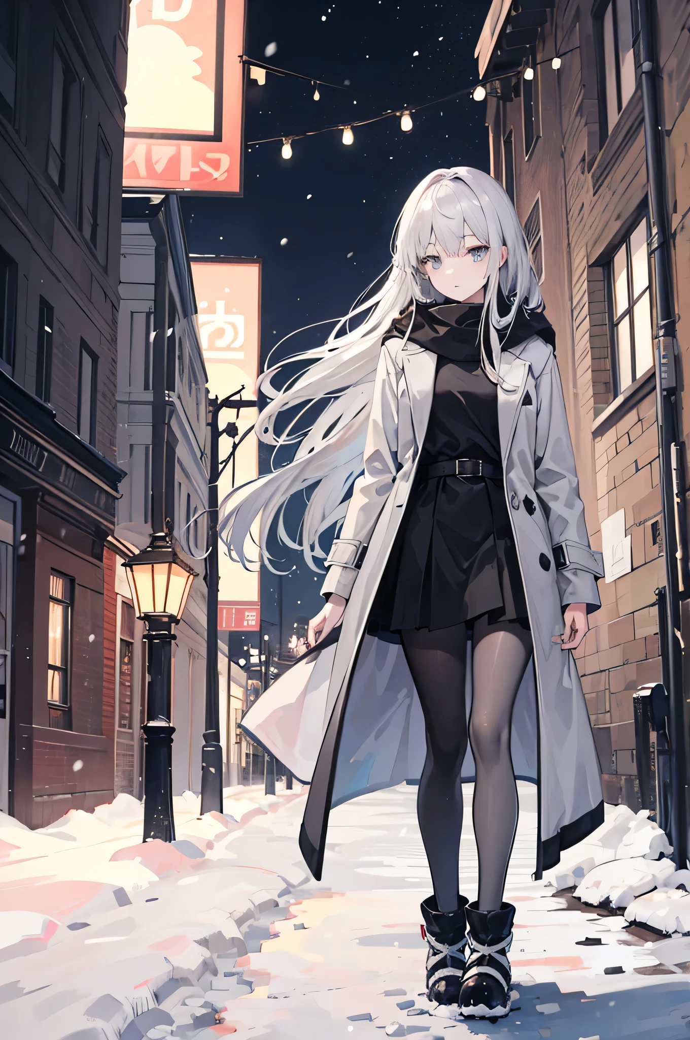long gray hair,Light gray long coat,light black skirt,grey pantyhose,Lazy,light gray eyes,gray snowshoes,Syracuse,night