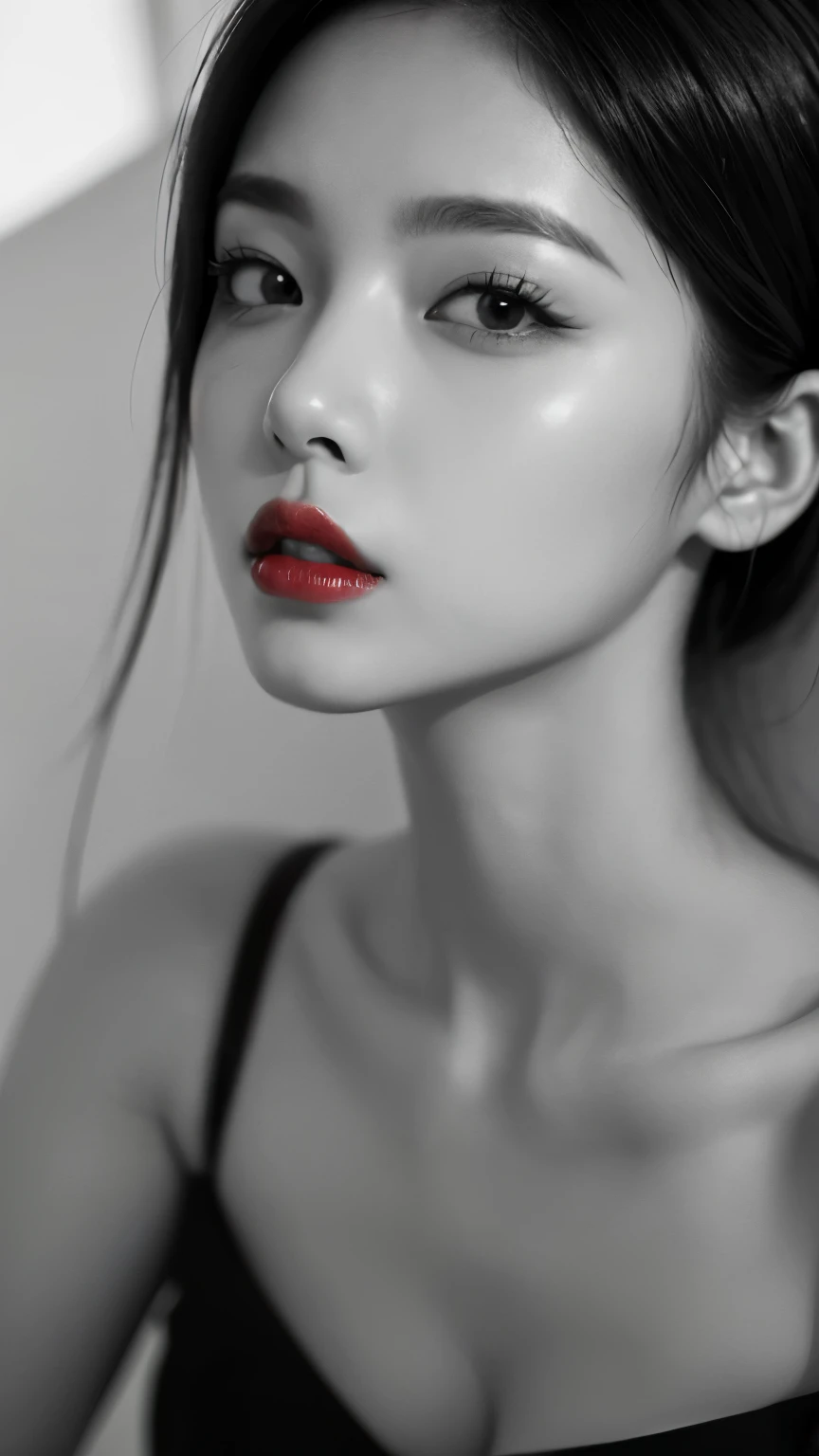 (((Black and white art:1.2、a black and white photo、RAW photo、film grain)))、Beautiful woman、small nose、((plump lips、Red attractive lips:1.3))、attractive hairstyle、dress、highest quality、High resolution、High resolution、cinematic lighting、a black and white photo、professional photographer