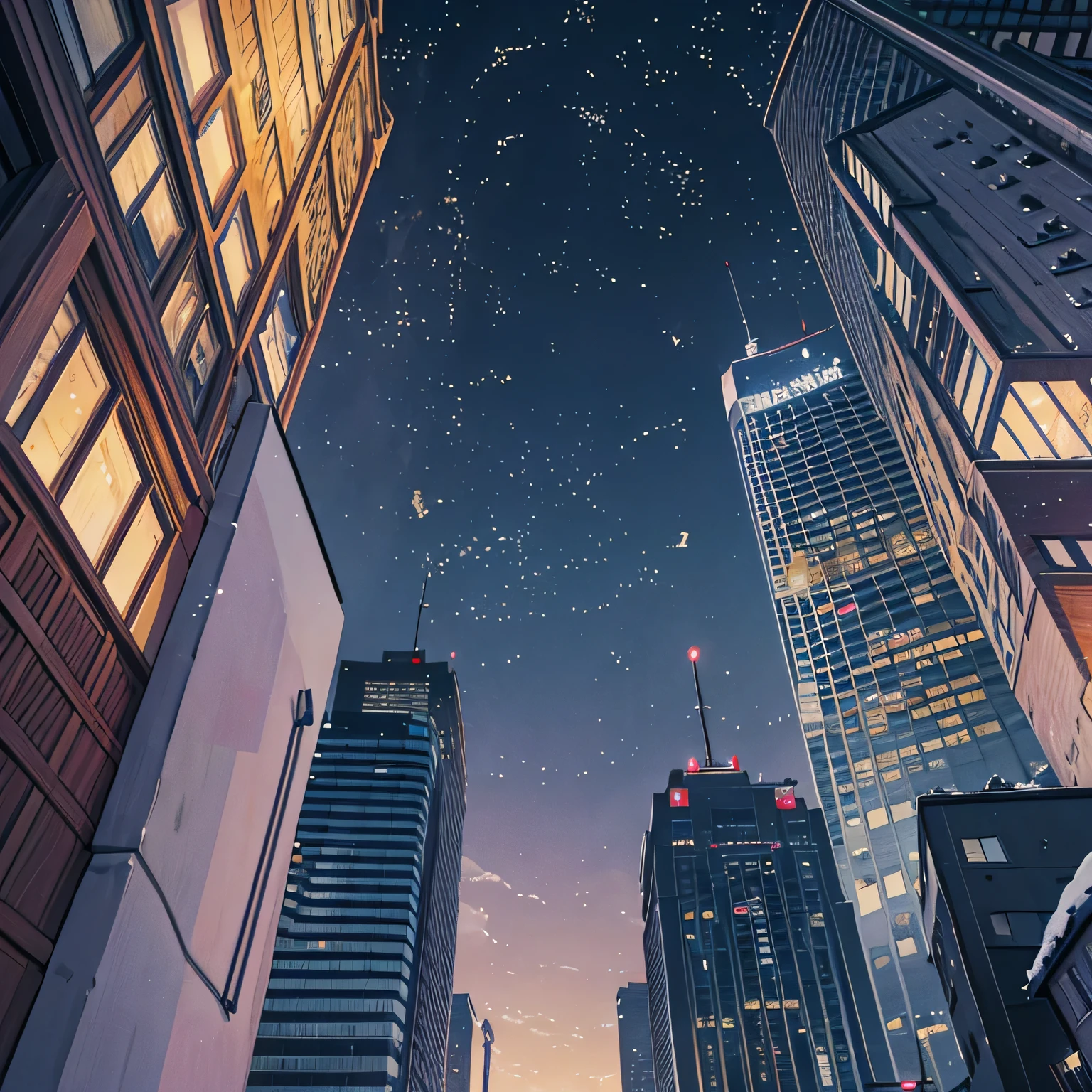winter city scenario、that&#39;that&#39;It&#39;s snowing、night、crowded city intersection、（Passers-by)、Skyscraper、(look up from below:1.2) 、You can feel the feel of the brush、Studio Ghibli、Ghibli、