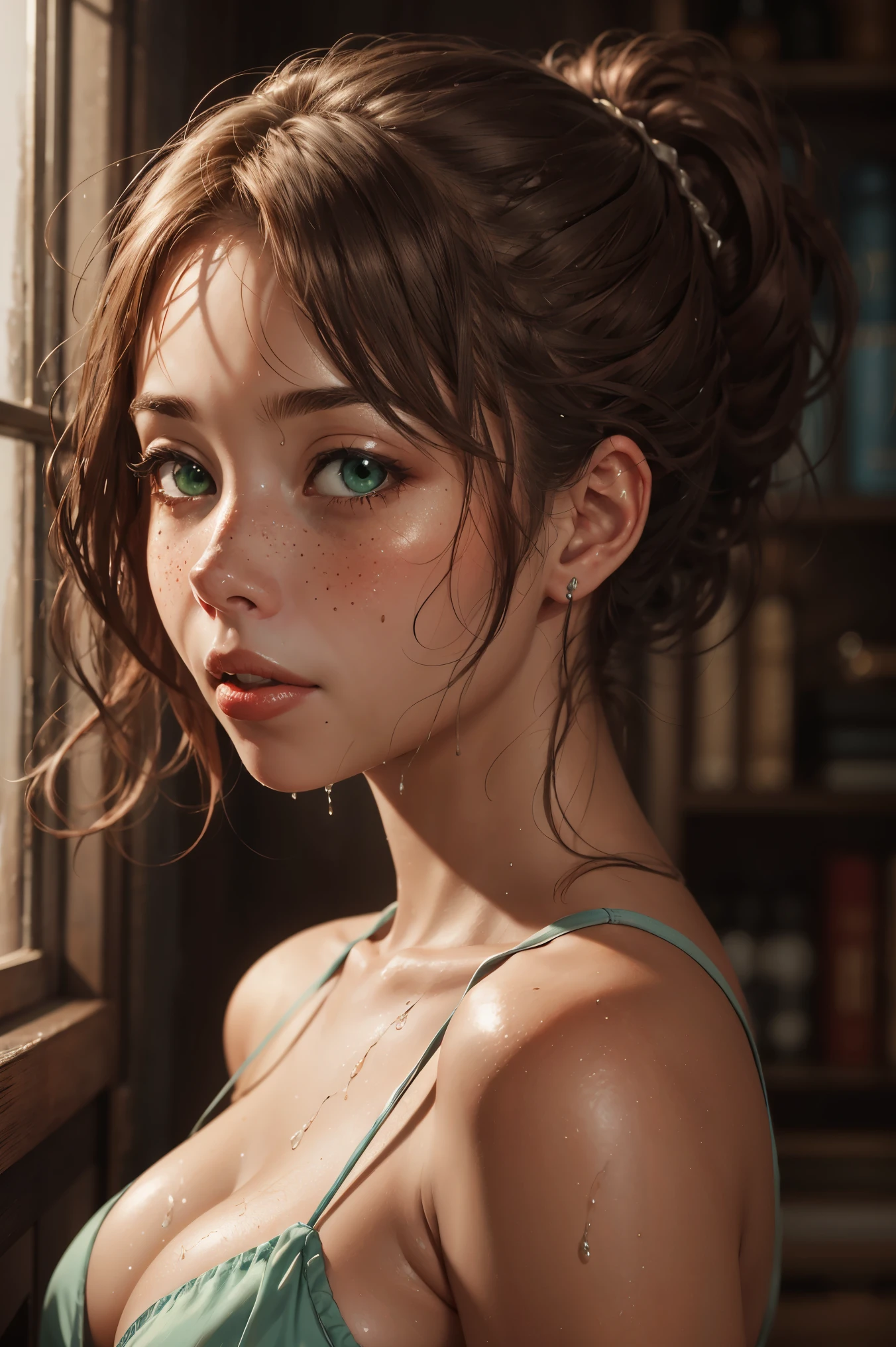 1 girl, woman,  detailed background, atmospheric, hair flowing in the wind, naked, red hair in ponytail, tan skin, oily skin, wet hair, freckles, green eyes, floating particles, backlightinasterpiece))), (((masterwork))), ((top quality)), ((best quality)), ((highest quality)), ((highest fidelity)), ((highest resolution)), ((highres)), ((highest detail)), ((highly detailed)), ((hyper-detailed)), (((detail enhancement))), ((deeply detailed)), awe inspiring, breathtaking, uhd, hdr, fhd, 8k, 16k, 32k, 64k, meticulous, intricate, intimate, nuanced, (((the most beautiful images in existence))), (((the most beautiful artwork in the world))), (RAW photo, film grain), caustics, subsurface scattering, reflections, photorealistic, 35mm, , natural skin texture, hyperrealism, sharp,