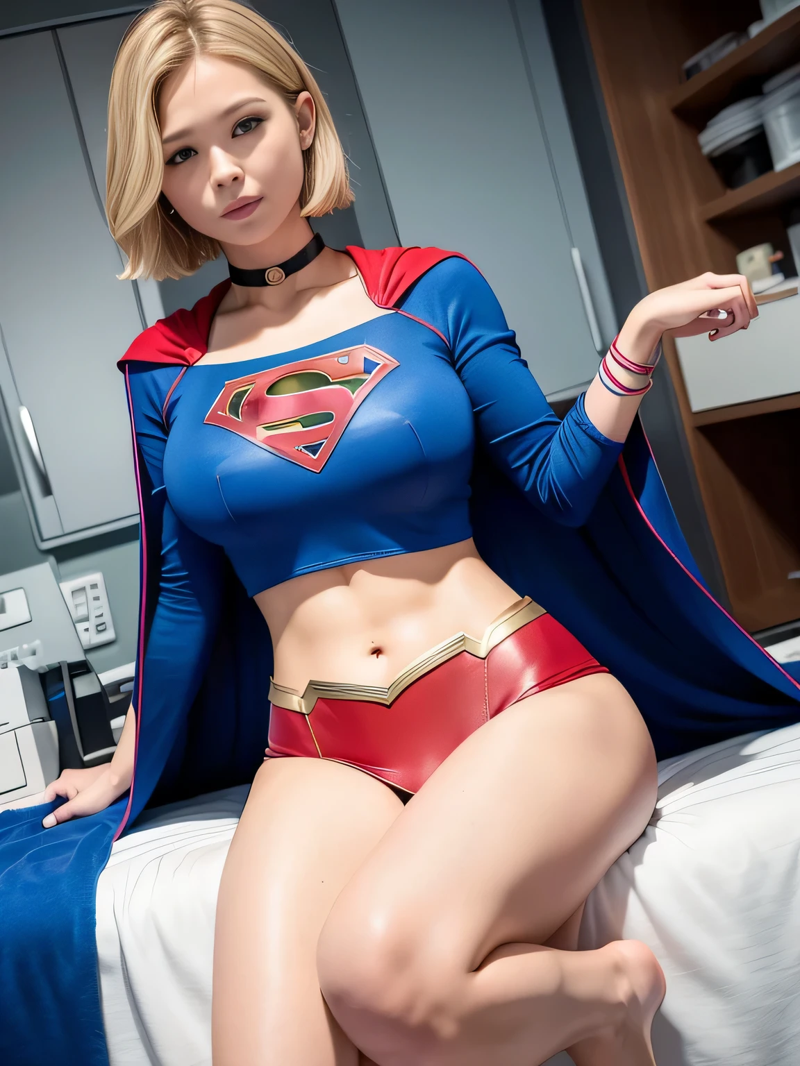 highest quality、masterpiece,Short-haired Supergirl sleeping in the operating room、big and full 、look at the camera、choker、barefoot、magazine cover、High leg、mini skirt、Tight costumes、Puzzled、wide open legs、obscene、Show me a glimpse、Fluttering cloak