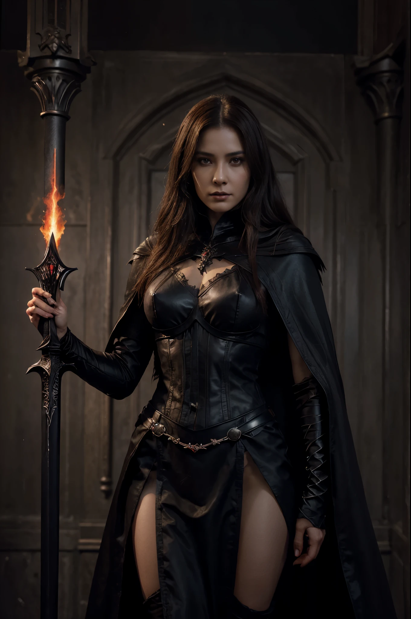 arafed woman in a black dress with short brown hair with a sword and a red cape, dark fantasy style art, by Arthur Pan, by Yang J, abaddon and magali villeneuve, dark fantasy art, dark sorceress full view, diablo digital concept art, gothic fantasy art, 4k fantasy art, beautiful elegant demon queen, dark fantasy artwork