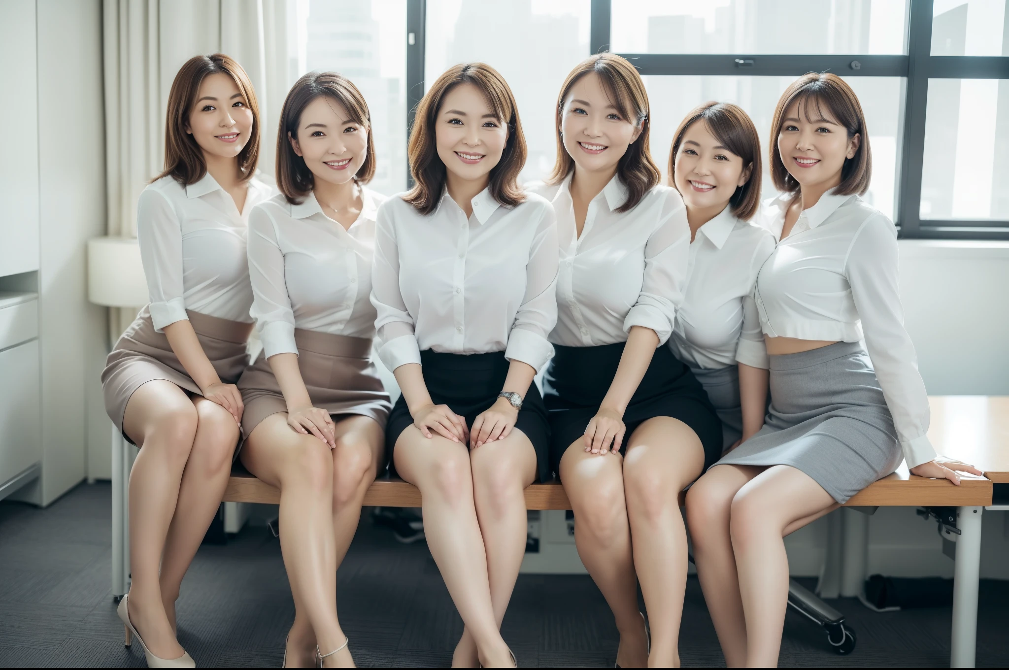 ((Best Quality, 8k, Masterpiecedetails, ultra-high resolution)), (group picture), (looking at the viewer), (fmiddle shot:), attractive business 5 milfs, 5 people, a bit chubby:0.25, white collared shirt, grey skirt, (sitting with cross legs on office desks)), smile, office of CEO,