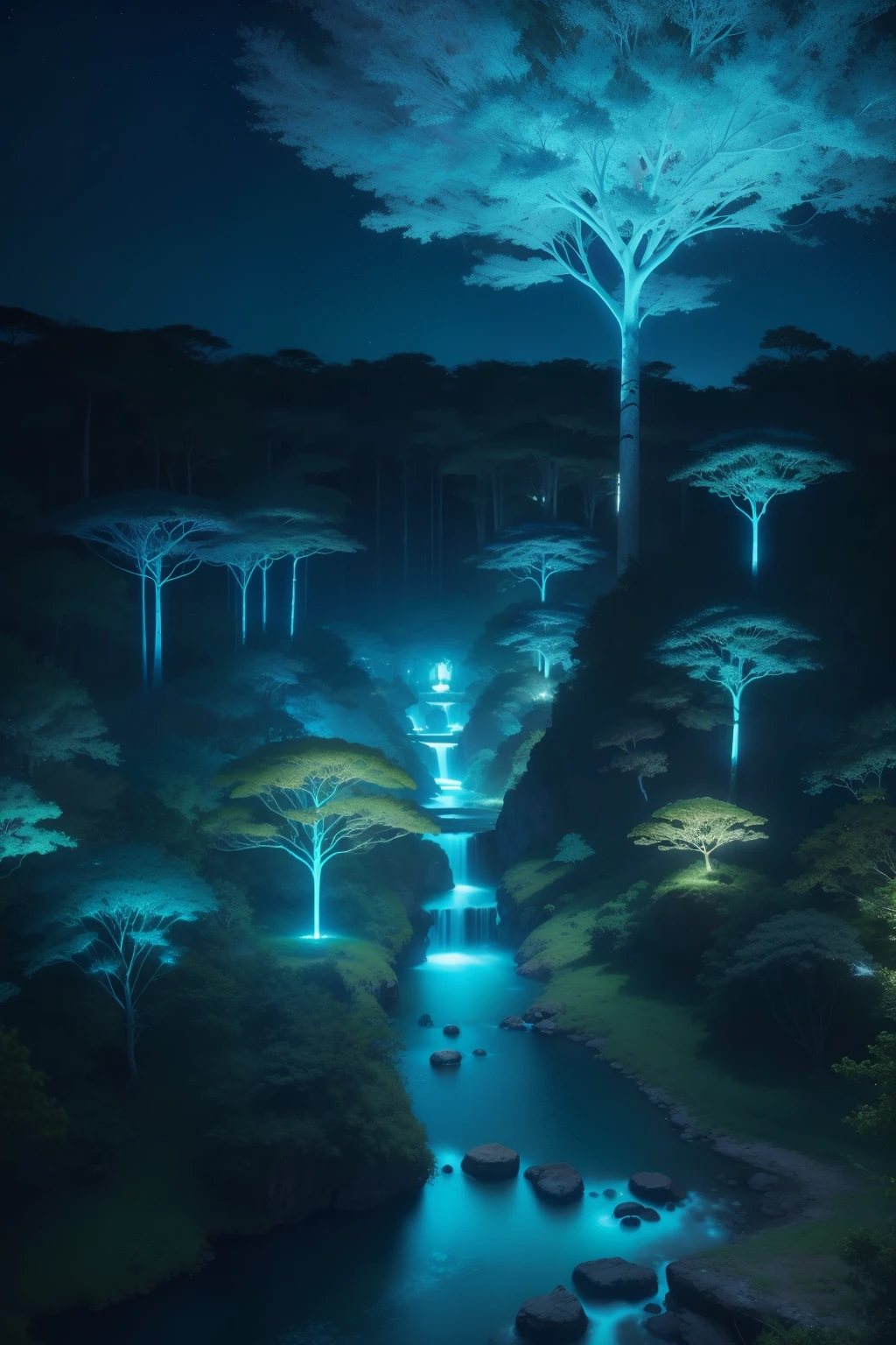 In the heart of the African forest, a breathtaking aerial view unfolds, showcasing four radiantly happy women dressed in stunning blue African-designed attire. They lie comfortably on a translucent neon-lit map of Africa, the glowing lines of the topography beneath them. The canopy of trees above forms an intricate pattern of shadows against the night sky. The scene is set in the stillness of the night, with the soft blue light cascading down from the heavens, creating a serene and ethereal blue colour grading.

This exquisitely crafted image, rendered using Unreal Engine, boasts a resolution of 32k and