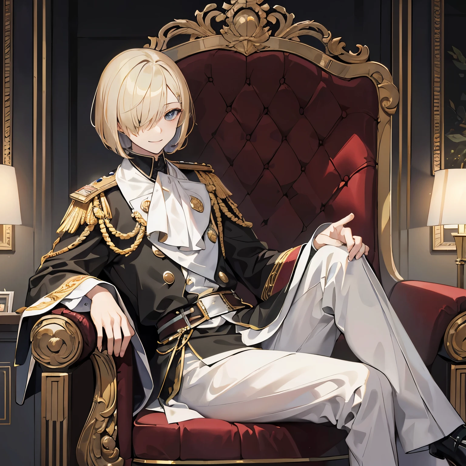 a young man, old ceremonial court dress, flushed cheeks, smile, hair over one eye, bob cut, blonde, black eye, Rococo style white chair, upturned eyes, tareme