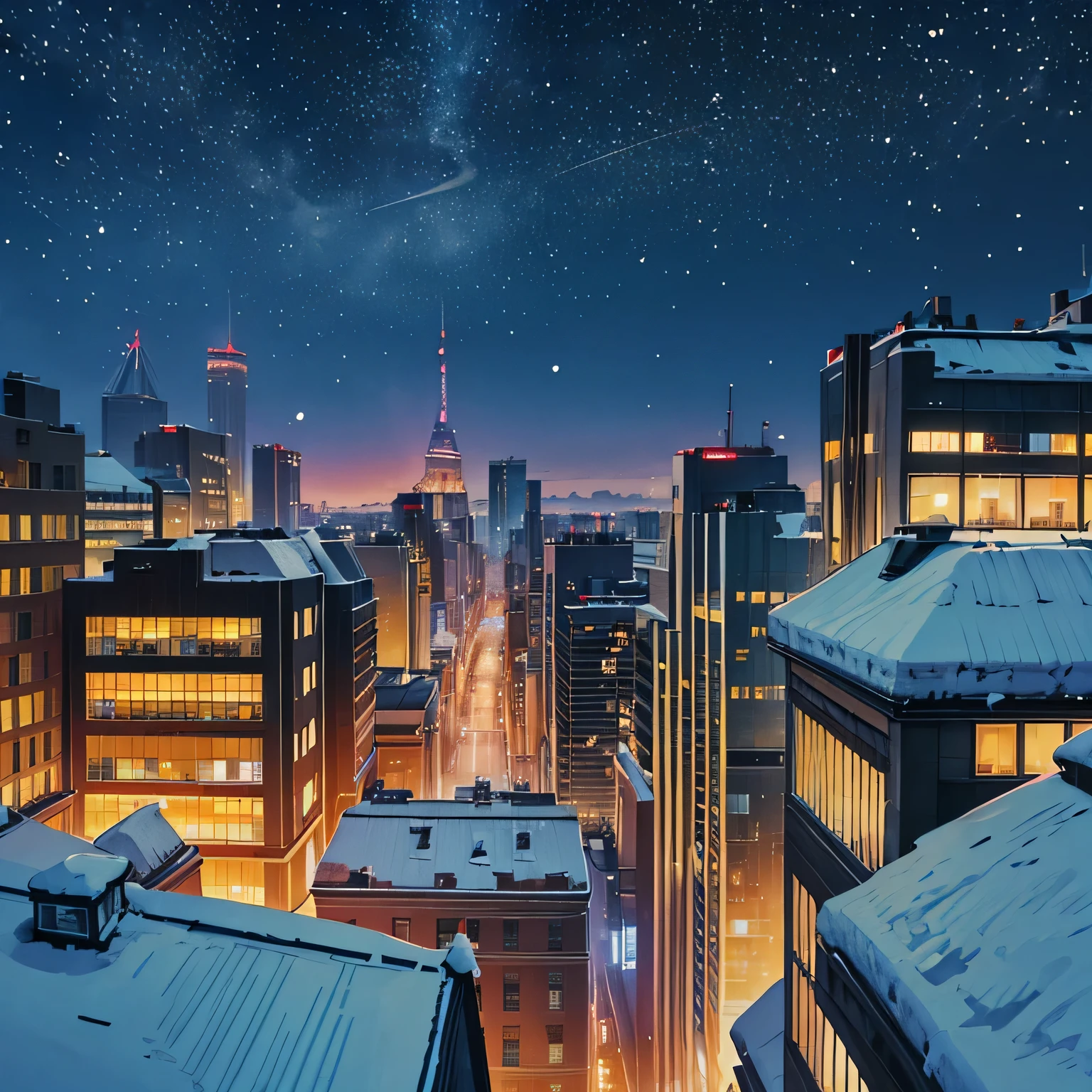 winter city scenario、that'It's snowing、night、crowded downtown scene、(You can see skyscrapers) 、Angle of looking up、You can feel the feel of the brush、Studio Ghibli、Ghibli、