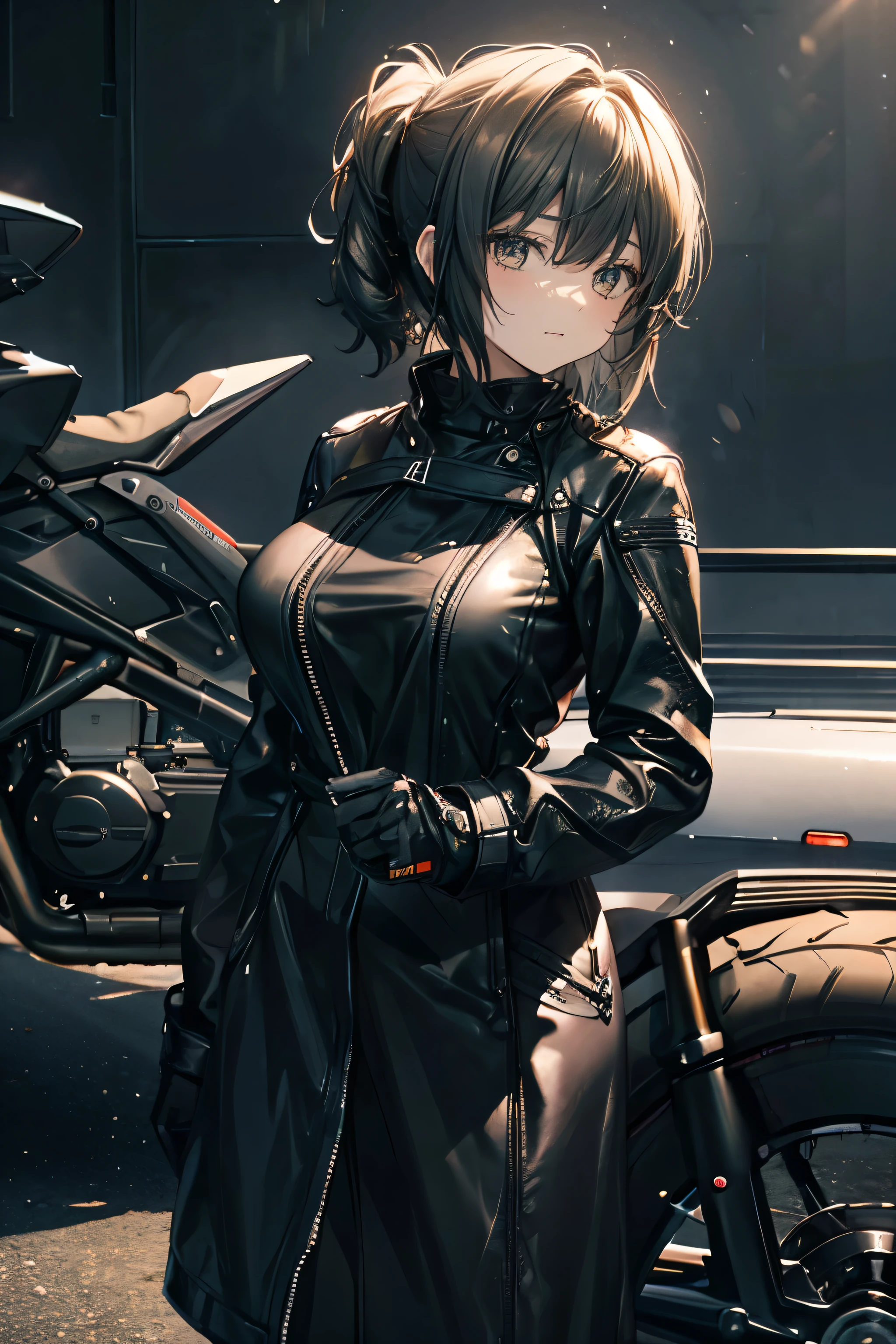 A black motorcycle，Frosted shell，There is a girl standing next to you，Black gelcoat，proud figure，big breasts，alone
