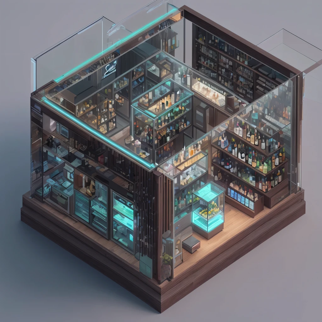 3026 Cyberpunk, Norin Keyes, isometic render,cafes, bar, coffee shop, spiral staircase, Isometric display case, Nolin teardown, Transparent data visualization infographic, High-resolution OLED GUI interface display, high contrast, micro details, octane rendering, photorealism, lifelike