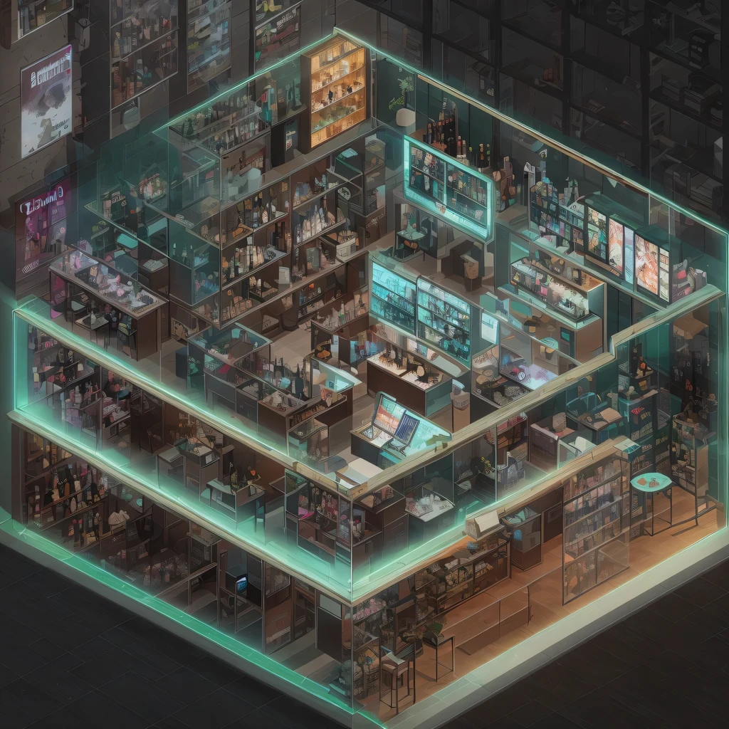 3026 Cyberpunk, Norin Keyes, isometic render,cafes, bar, coffee shop, spiral staircase, Isometric display case, Nolin teardown, Transparent data visualization infographic, High-resolution OLED GUI interface display, high contrast, micro details, octane rendering, photorealism, lifelike