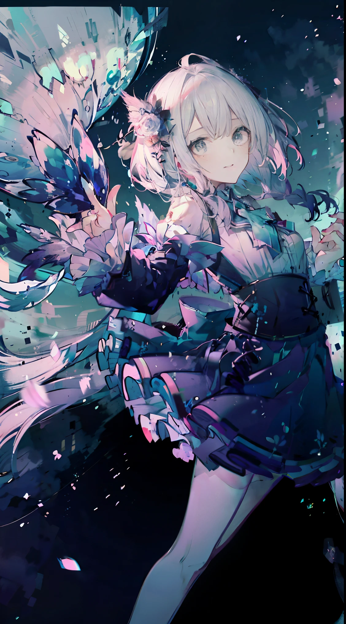 (Highest picture quality),(Master's work),(ultra-detailed),(Detailed eye description:1.0),(lens flare:1.0),(movie poster:1.0),(Tarot border:1.0),the portrait is centered,(close-up:1.0),(nagative space:0.8),(negative space:1.6),(solo),(floating colorful {wind|water magic|ink|crystals|ice|fire|flame|lightning|web|rocks|sand|particles|sparkles|blood}:1.0),(many colorful {soap bubbles|clouds|thorns|spikes|vines|currents|spirals|halos|wings|tatoos|cubes|octahedron}:1.0),(floating {red|green|blue|aqua|purple|yellow|black|white|grey|pink|orange|lime} {ribbons|feathers|particles|blades|droplets|snowflakes|soft balls}:1.0),({crystal|ice|fire|flame|wind|water|earth|stone|space|musical|sonic|vortex} {magic|wings}:1.0), ({ray tracing,glowing|dappled sunlight,light rays,caustics|night,black theme|mysterious,eerie|easygoing,pastel}:1.2), ({colorful|iridescent|multicolored}:1.0),(beautiful detailed glow:1.0),({leaning forward|leaning back|leaning to the side|}:1.2),{(smile:1.0)|(smirk:1.0)|(grim expression:1.0)},({small|small||lips,eyelashes}:1.0),{(open mouth:1.0)|(closed mouth:1.0)|},({eyelashes|eyeshadow||}),{one eye closed|||},({red|green|blue|aqua|purple|yellow|black|white|grey|pink|orange|lime} hair:1.4),({short|long|medium} hair:1.0),({from below|from above|from side|from behind|facing viewer}:1.3),(halo:1.3),(head tilt:1.0),(dynamic pose:1.1),(asymmetrical hair:1.2),({red|green|blue|aqua|purple|yellow|black|white|grey|pink|orange|lime} {armor|dress|collared shirt|suit|outfit}:1.0),({formal|military|techwear|urban style|casual,casual clothes|fantasy,magician|feral,tribal|sci-fi,futuristic}),({plaid skirt|layered skirt|puffy dress|tights|pants|shorts}),({red|green|blue|aqua|purple|yellow|black|white|grey|pink|orange|lime} {eyes|eyes|pupils}:1.4),{(forehead:1.5),asymmetrical bangs|diagonal bangs|hair between eyes|blunt bangs|swept bangs},{one eye covered|ponytail|high twintails|||},{straight hair|wavy hair|drill hair||},{long coat|suit jacket|cloak|sweater|tie||},{(floating c