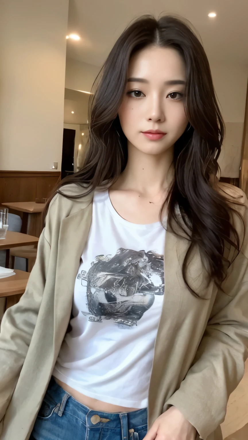 ((top-quality、8k、masterpiece:1.3))、Beautiful woman with perfect body:1.4、slim abdomen:1.2、Longhair, normal breast, Highly detailed facial and skin texture, A detailed eye, delicate eyes, double eyelid, (smile), (full body shot), ((restaurant)), (standing), (((wearing t-shirt with jacket))), looking in front