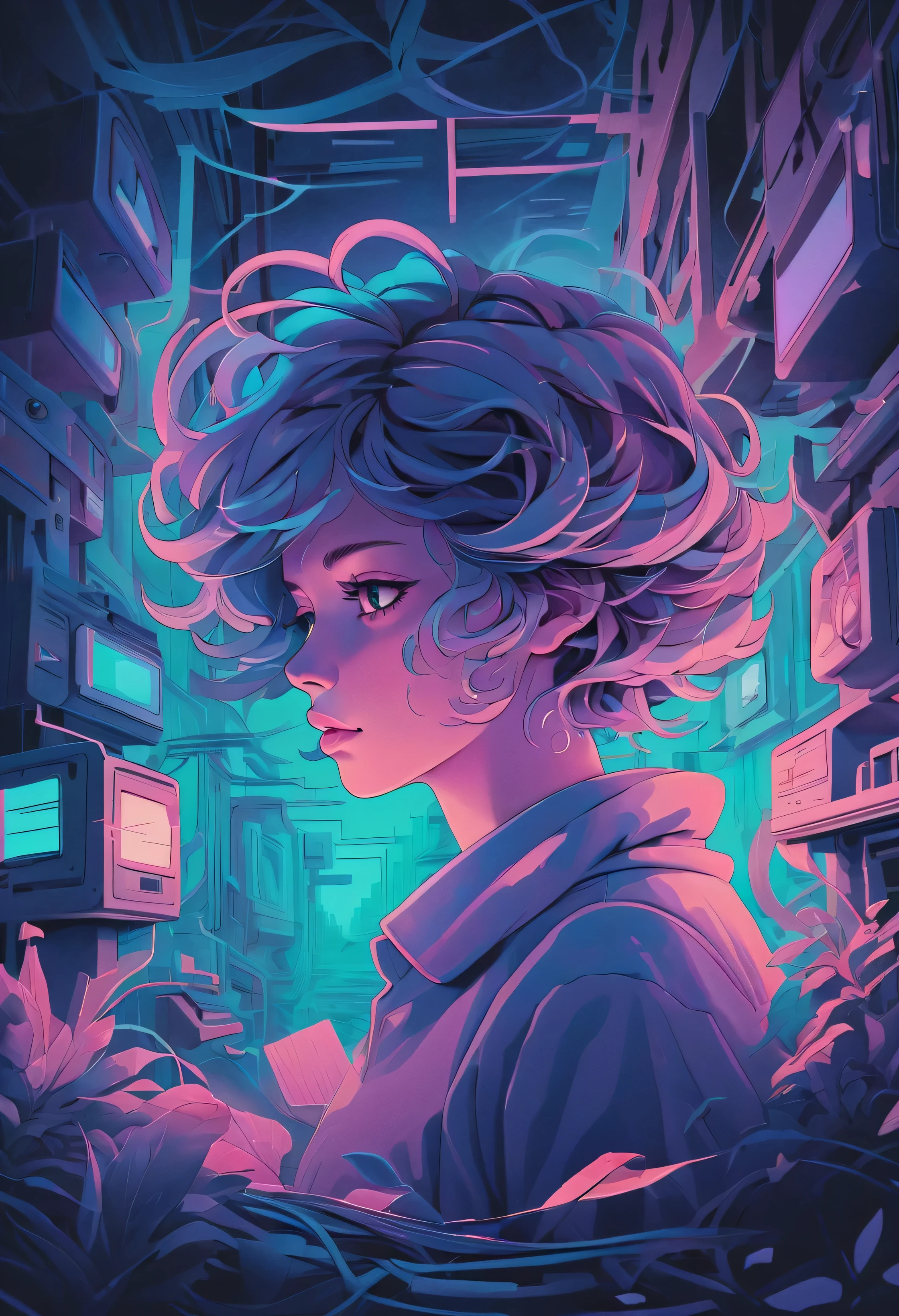 Lofi aesthetic pastel drawing, random directions theme, double exposure technique, hyper-detailed intertwining elements, dramatic lighting casting volumetric shadows adding mystery, high-contrast luminosity for a nostalgic feel, digital painting, 32K ultra-resolution. Lofi aesthetic