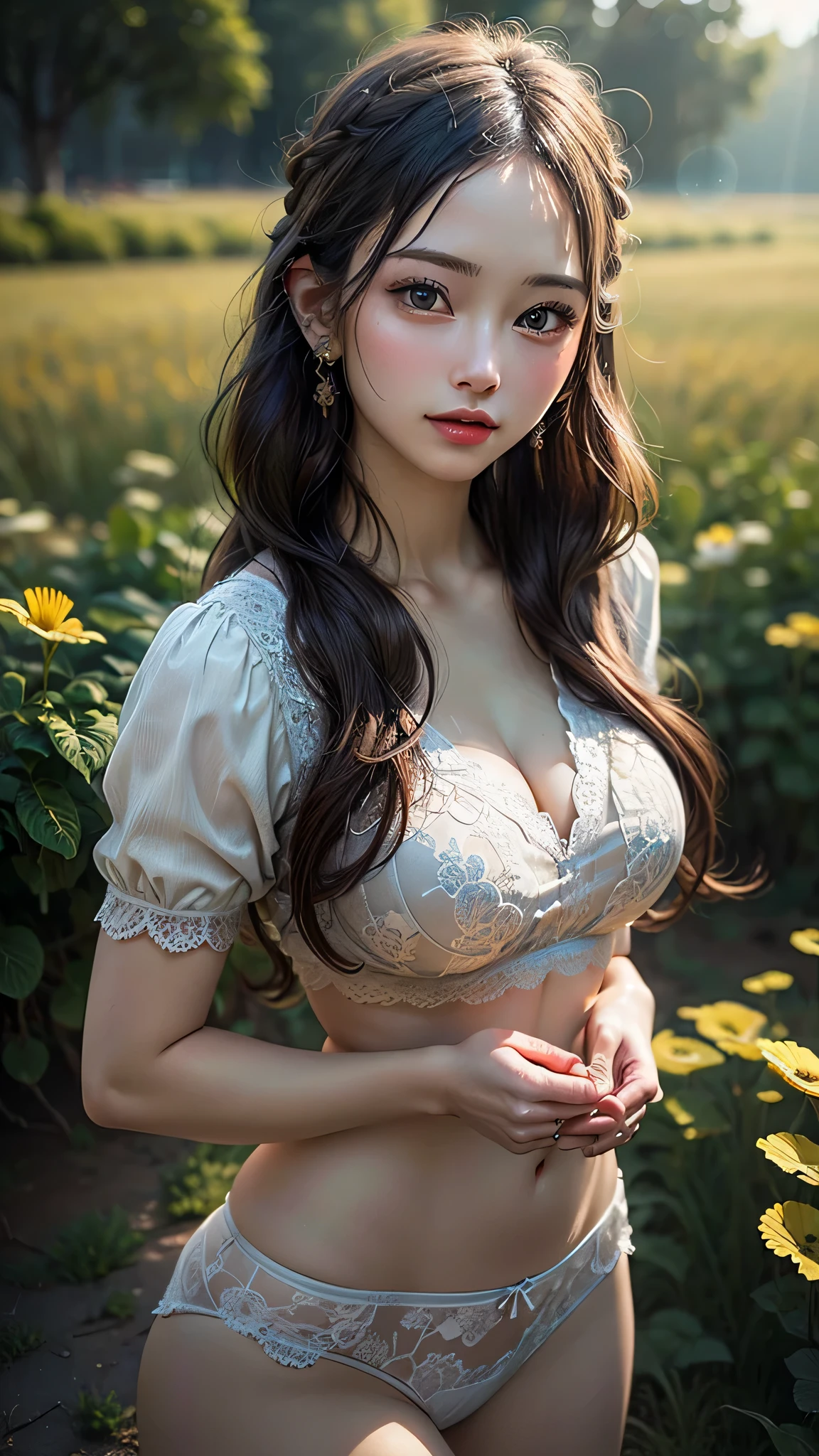 (masterpiece, best quality, high resolution:1.2), (photorealistic:1.2), (intricate and beautiful:1.2), (detailed light:1.2), (soft lighting), (colorful, dynamic angle), upper body shot, fashion photography, 1girl, beautiful young girl, ring earrings, wide hips, perfect face, long hair with thick braids, perfect body, wearing lingerie, confident and alluring pose, exuding sensuality and charm, ultra detailed, photo realistic, hyper realism, realistic, standing, a field of wildflowers