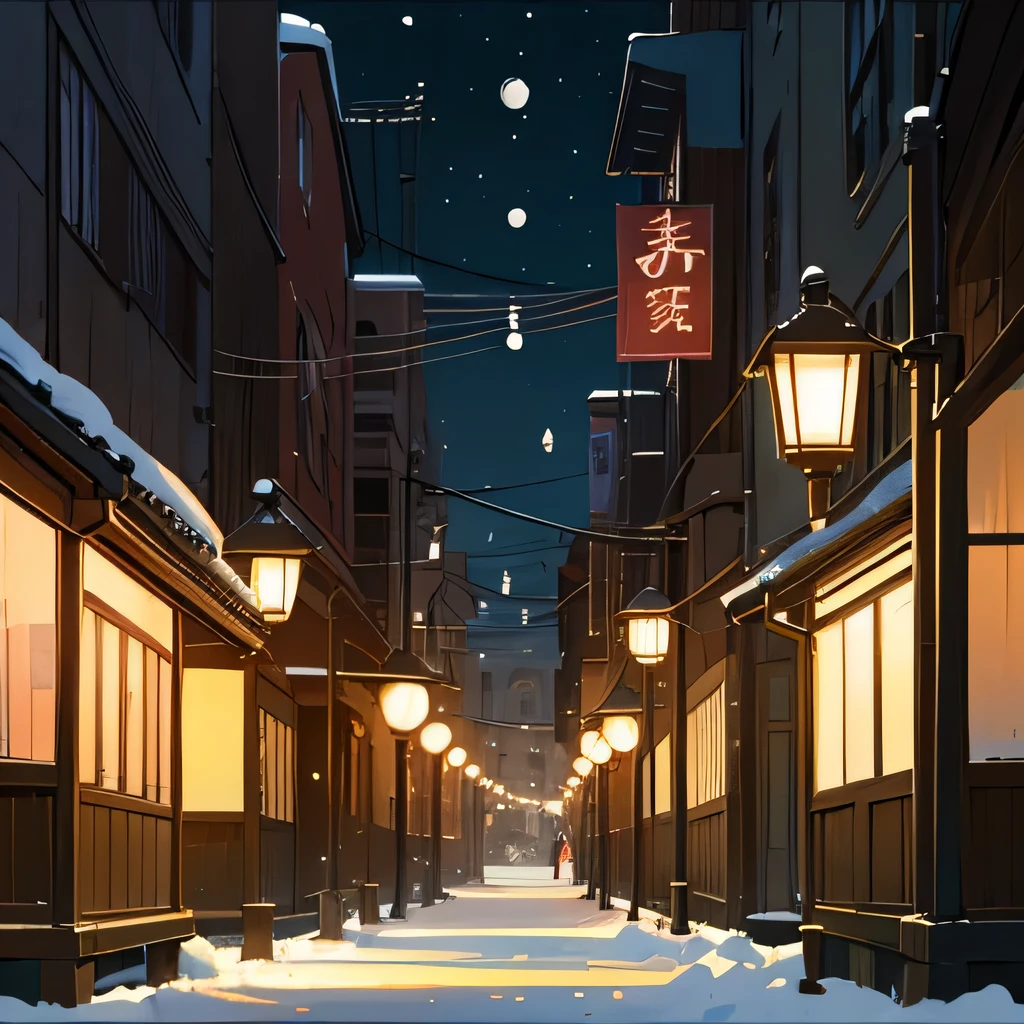 one point perspective, sketch, alley, japan style、 that'It's snowing、night、crowded downtown scene 、You can feel the feel of the brush、Studio Ghibli、Ghibli、