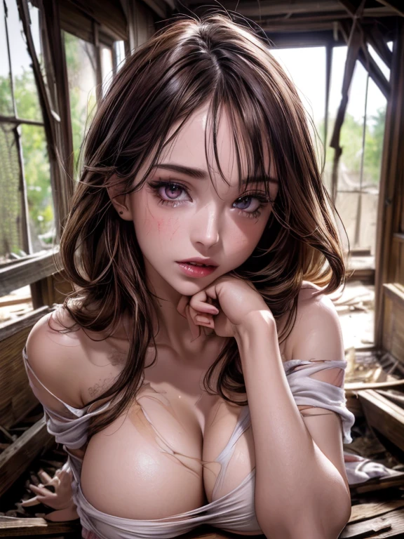 ​masterpiece,8k,Photorealsitic, Raw photography,best image quality, ultra high definition,(ultra detailed beautiful face:1.4),(detailed beautiful eyes:1.4), (fidelity: 1.4), photo, 1 woman, movie, (torn garment: 1.5), bare shoulders, medium breasts, disheveled hair, rough breath, night, moonlight,( dimly lit abandoned house:1.5), supine, dust, from above,