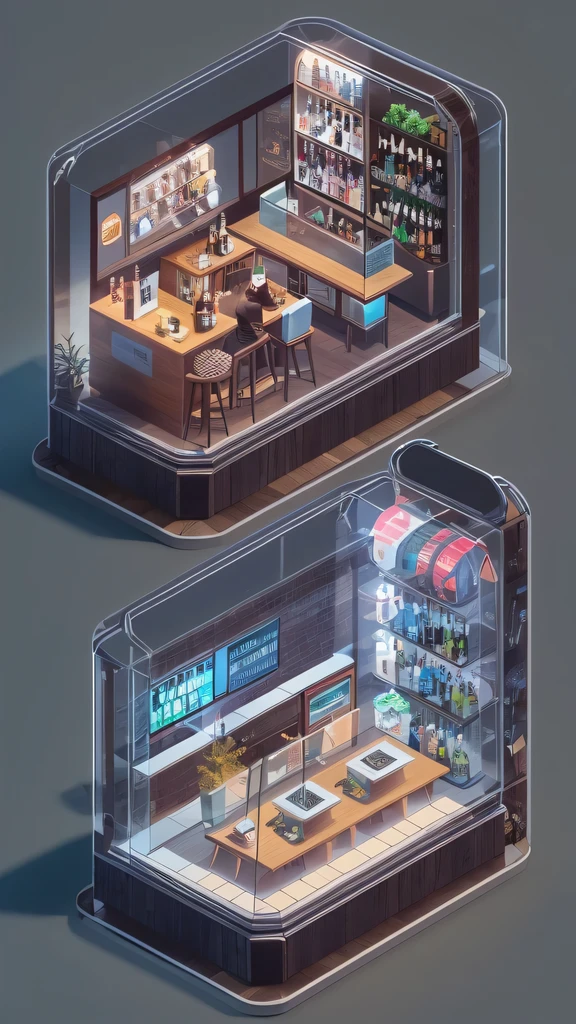 3026 Cyberpunk, Norin Keyes, isometic render,cafes, bar, coffee shop, spiral staircase, Isometric display case, Nolin teardown, Transparent data visualization infographic, High-resolution OLED GUI interface display, high contrast, micro details, octane rendering, photorealism, lifelike