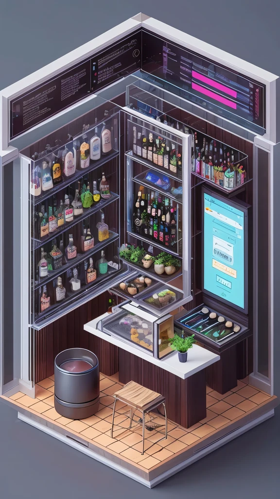 3026 Cyberpunk, Norin Keyes, isometic render,cafes, bar, coffee shop, spiral staircase, Isometric display case, Nolin teardown, Transparent data visualization infographic, High-resolution OLED GUI interface display, high contrast, micro details, octane rendering, photorealism, lifelike