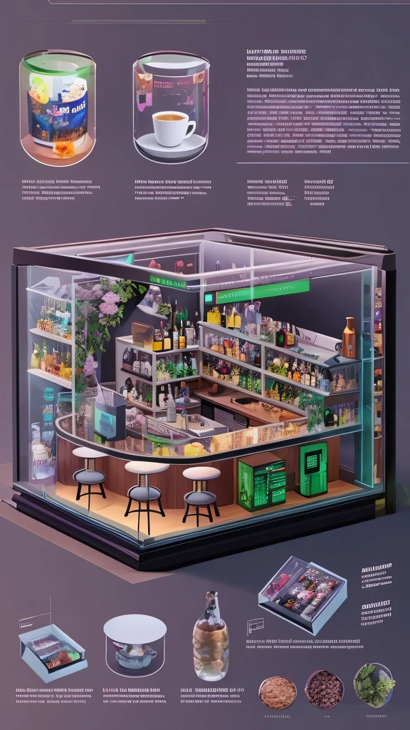 3026 Cyberpunk, Norin Keyes, isometic render,cafes, bar, coffee shop, spiral staircase, Isometric display case, Nolin teardown, Transparent data visualization infographic, High-resolution OLED GUI interface display, high contrast, micro details, octane rendering, photorealism, lifelike