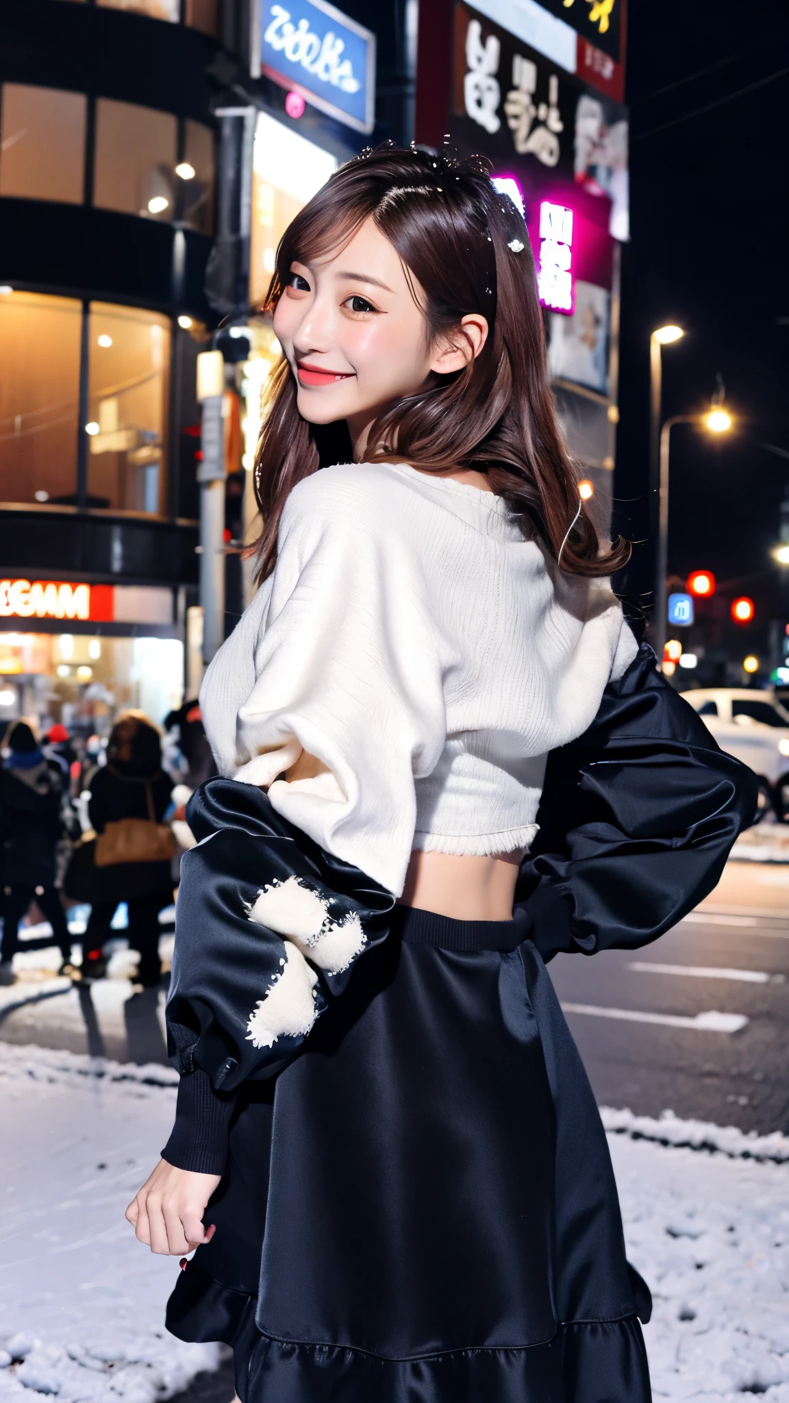 real、single lens reflex camera、8k、Japanese、smile、long hair、black hair、Various clothes、In town、heavy snow、Tokyo、night、kirakira_v1
