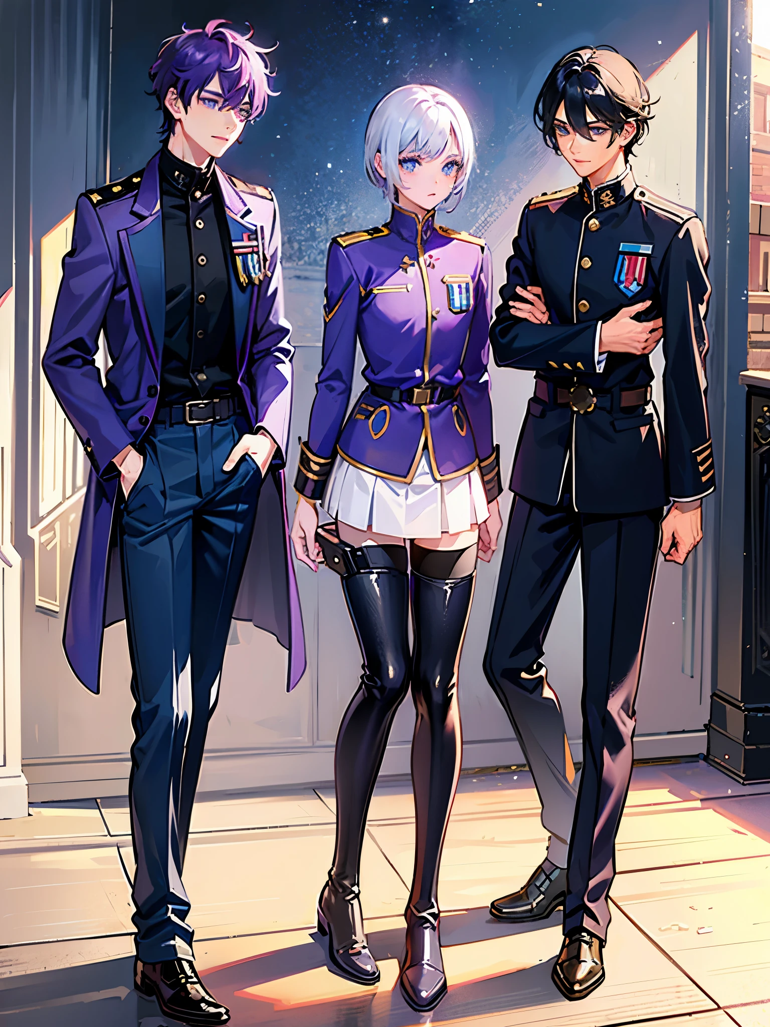 ((a boy)), purple hair, blue eyes, long boots, ((Beautiful boy)), military jacket, ((individual)), ((boys' school uniforms))