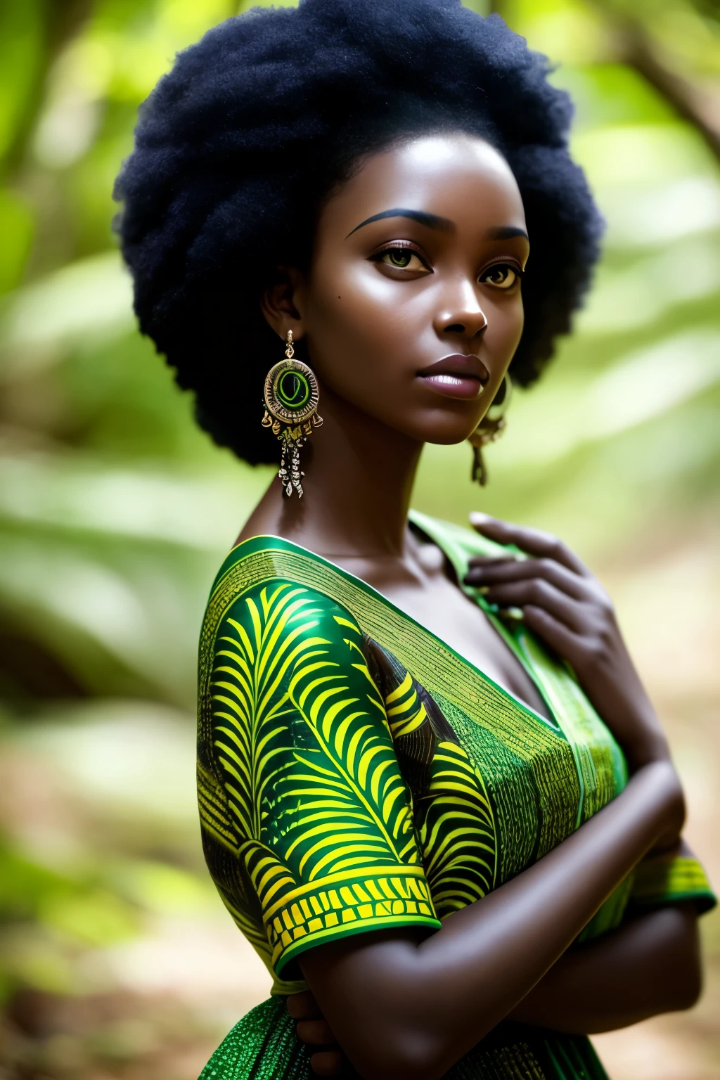 A Ghanaian woman wearing an ombré green and gold kente dress
