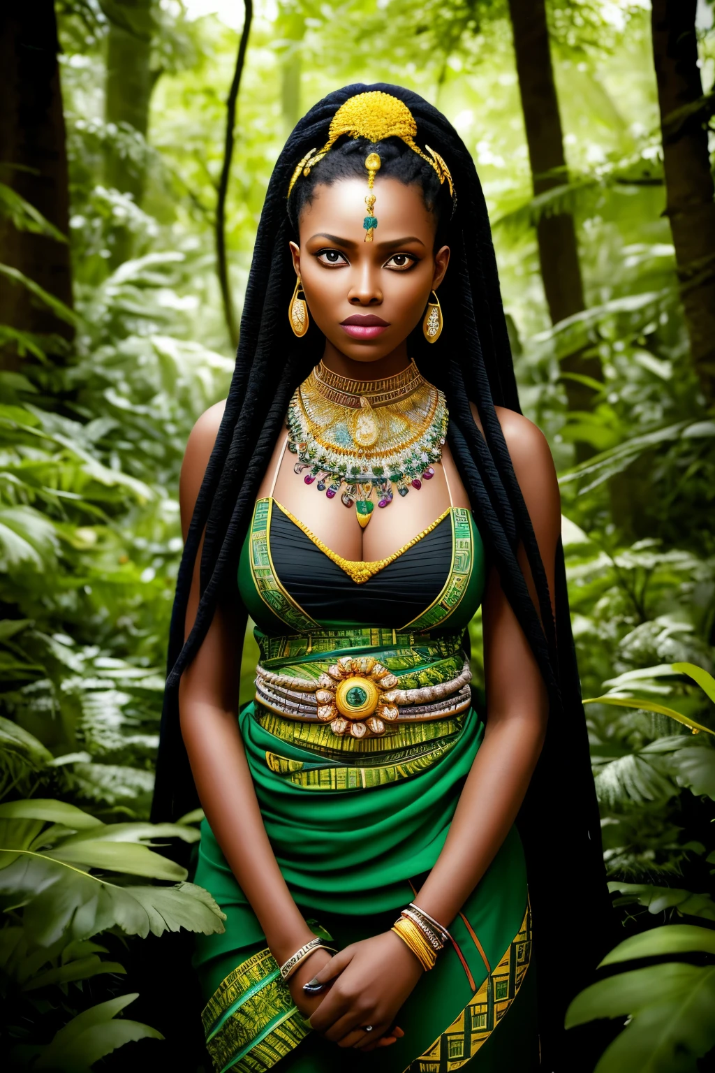 Amidst the enchanting expanse of a forest, a stunning African woman adorned in traditional attire and intricately designed tattoos in vibrant green hues stands proudly. The entire scene is engulfed in the captivating allure of black and white colour grading, meticulously crafted to convey an ethereal and timeless mood. The leaves that scatter the ground, shimmering with the hint of autumn's gentle touch, are the only elements brought to life by the contrasting pops of verdant green, merging seamlessly with the African woman's markings.
Equipped with the unparalleled precision and naturalism of Unreal Engine, this